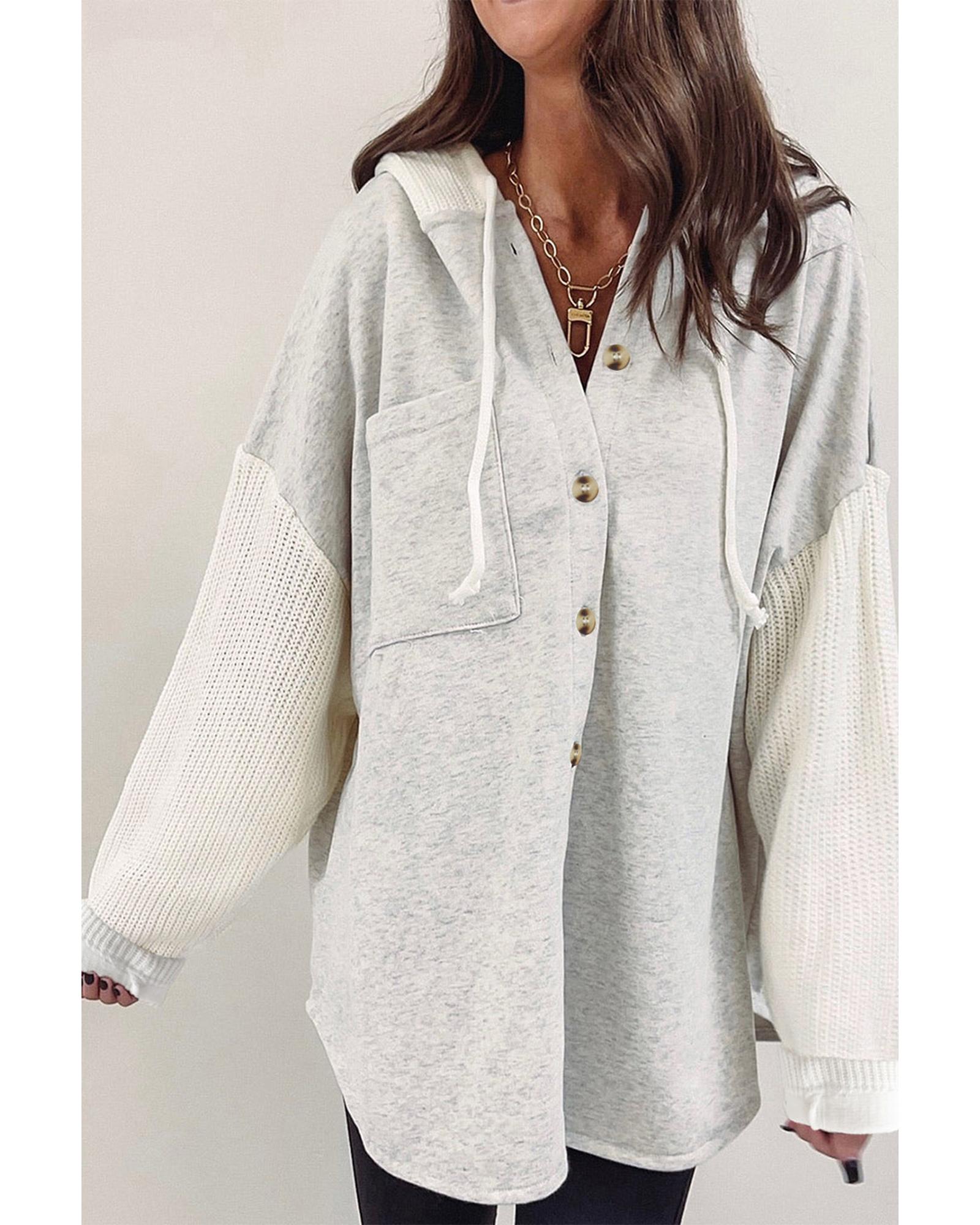 Azura Exchange Gray Button Up Contrast Knitted Sleeves Hooded Jacket - S 3