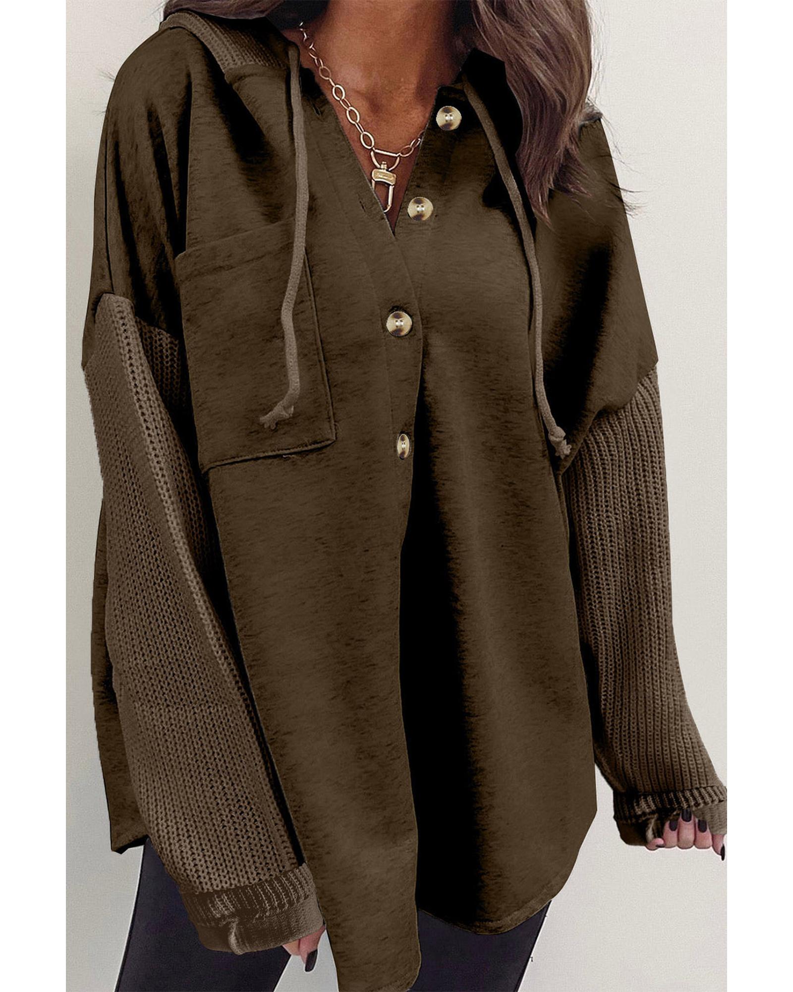 Dark Brown Button Up Contrast Knitted Sleeves Hooded Jacket - L