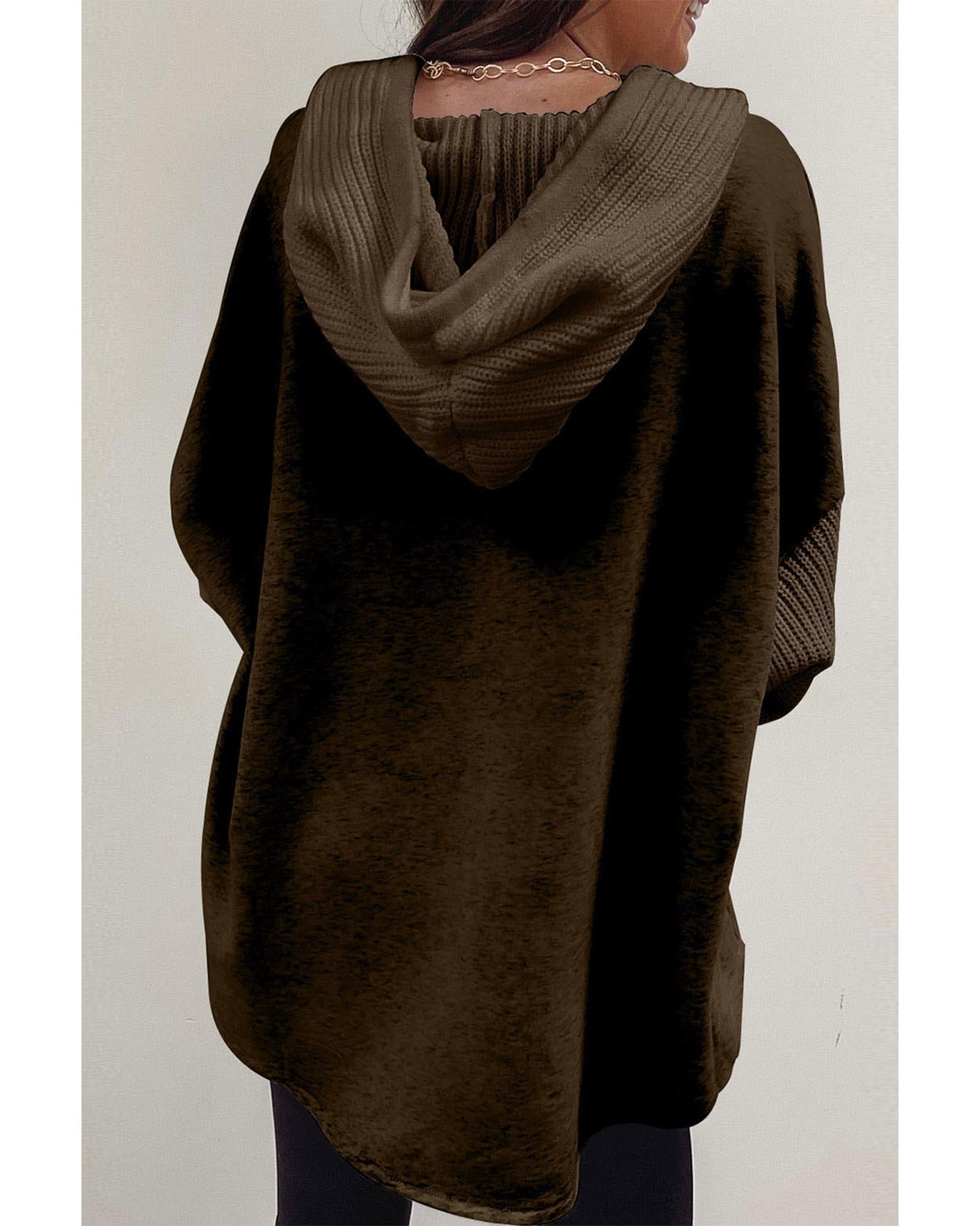 Dark Brown Button Up Contrast Knitted Sleeves Hooded Jacket - M