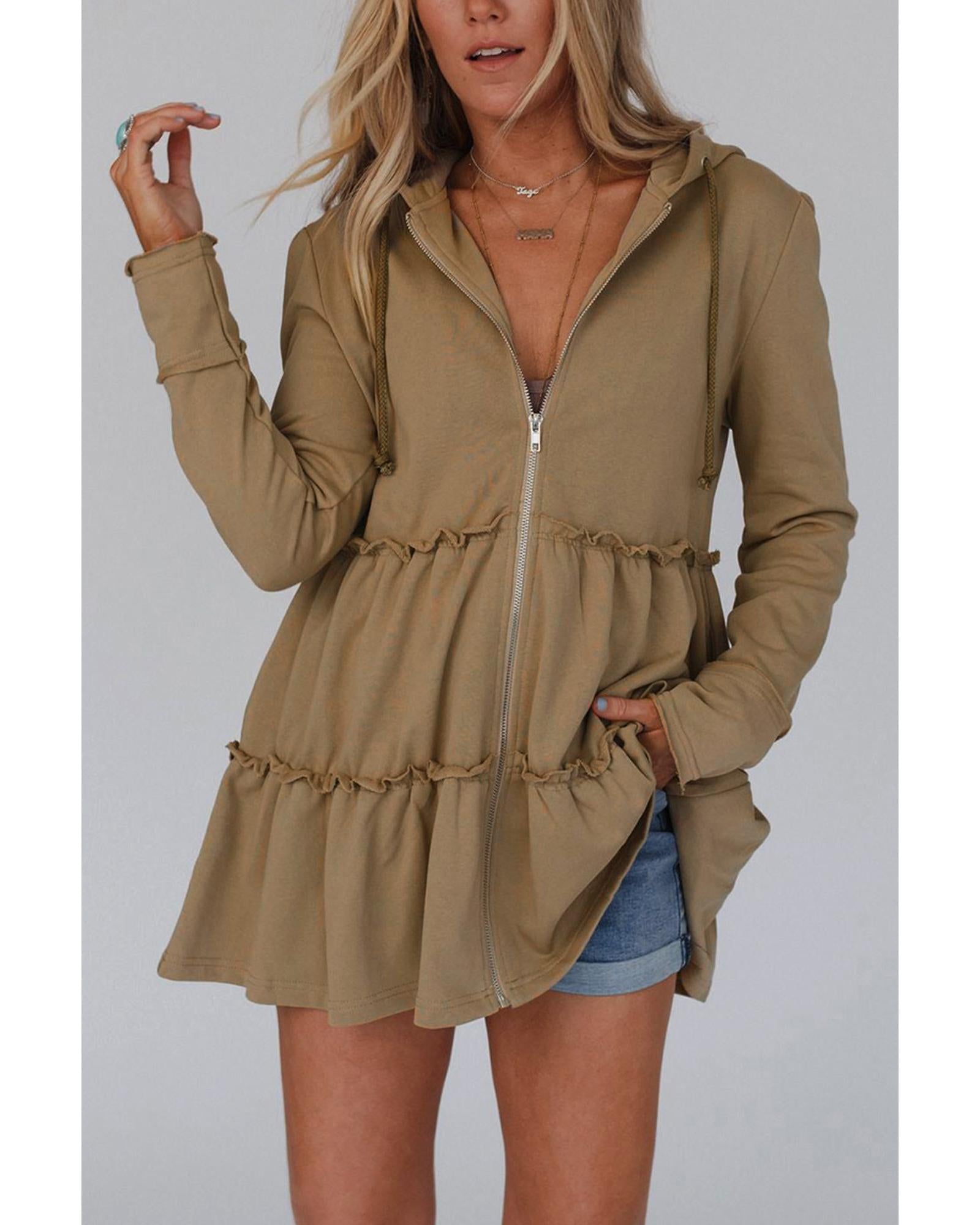 Khaki Tiered Ruffled Zip-Up Drawstring Hooded Jacket - L 3