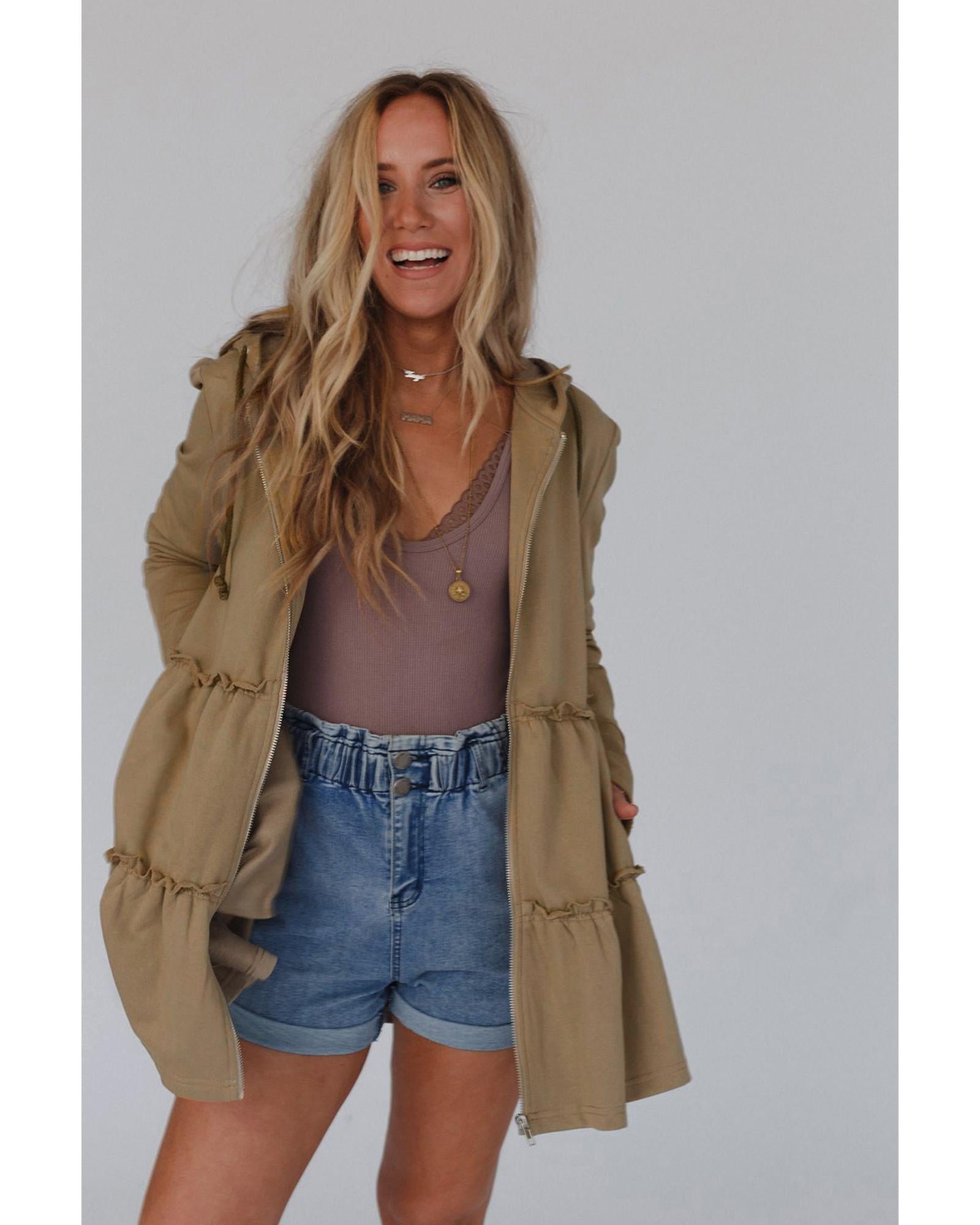 Khaki Tiered Ruffled Zip-Up Drawstring Hooded Jacket - M