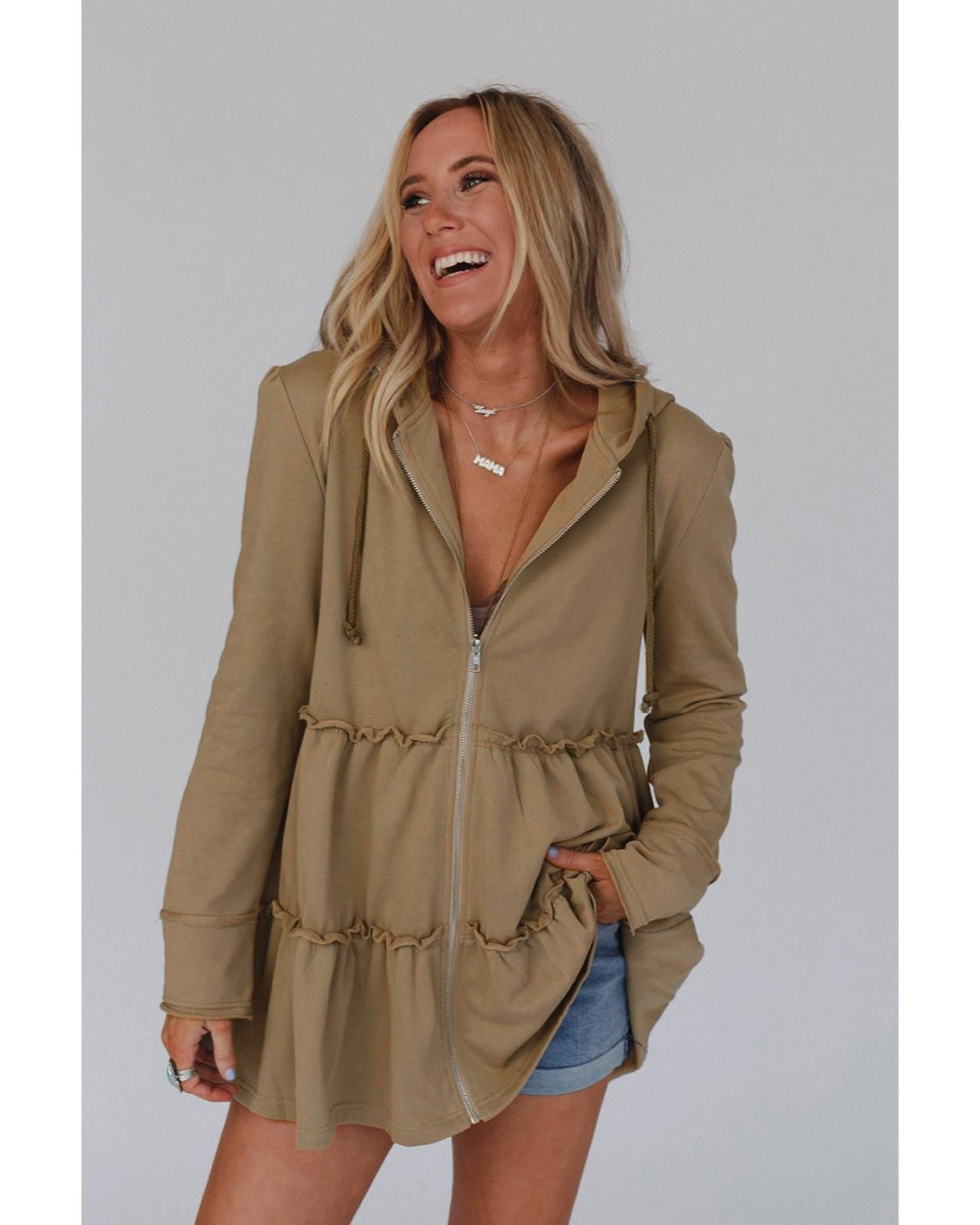 Khaki Tiered Ruffled Zip-Up Drawstring Hooded Jacket - M 6