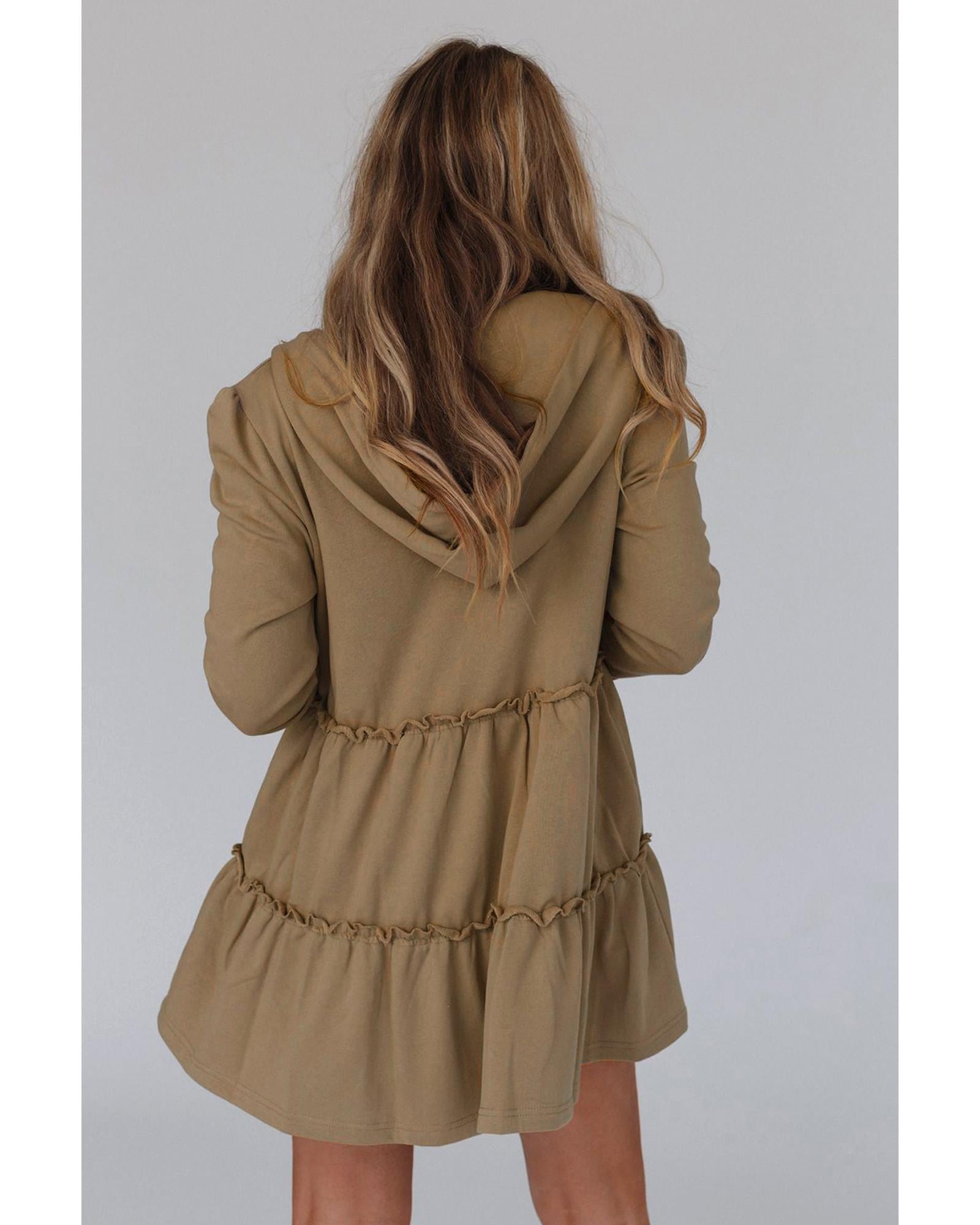 Khaki Tiered Ruffled Zip-Up Drawstring Hooded Jacket - S 3