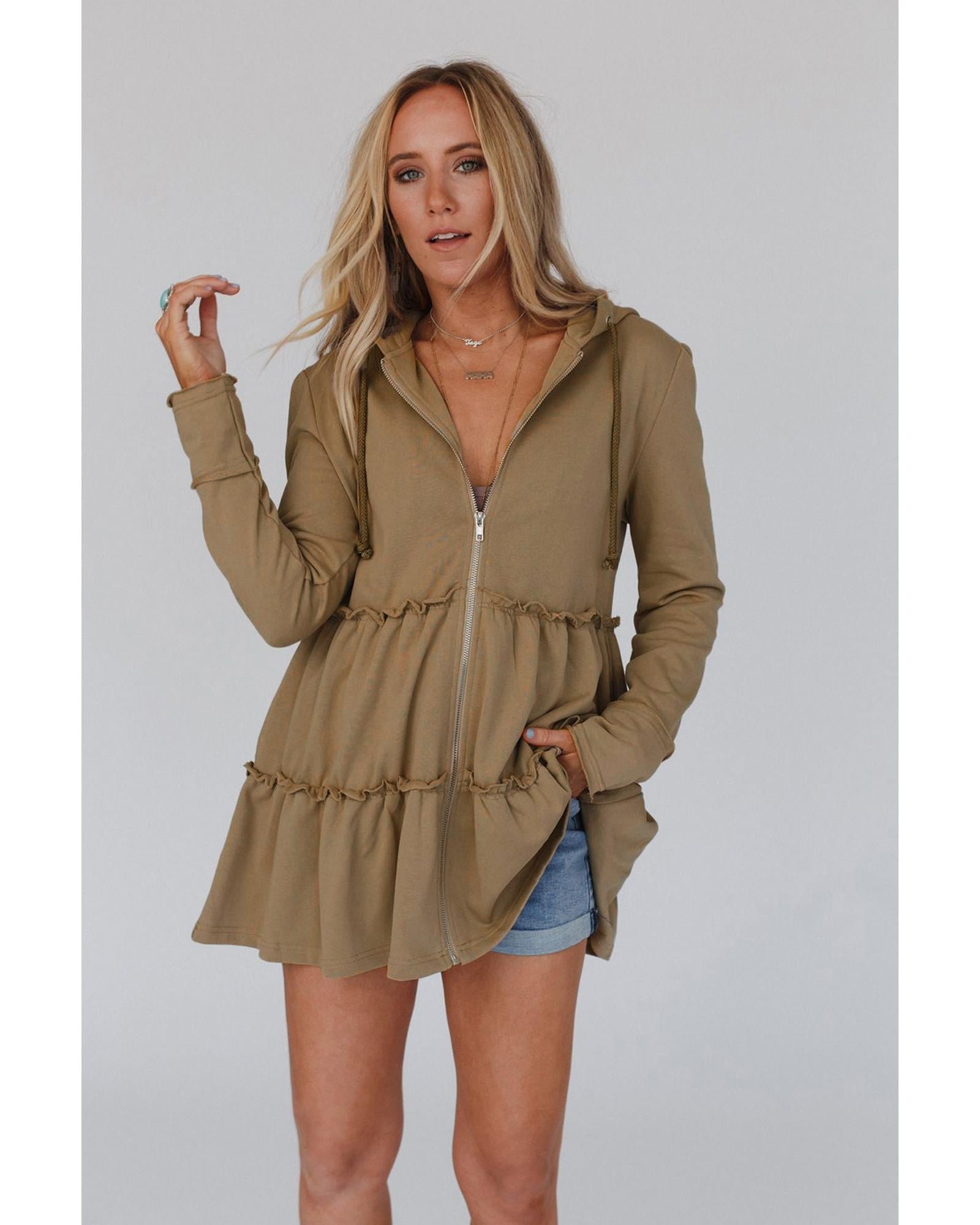 Khaki Tiered Ruffled Zip-Up Drawstring Hooded Jacket - S 5