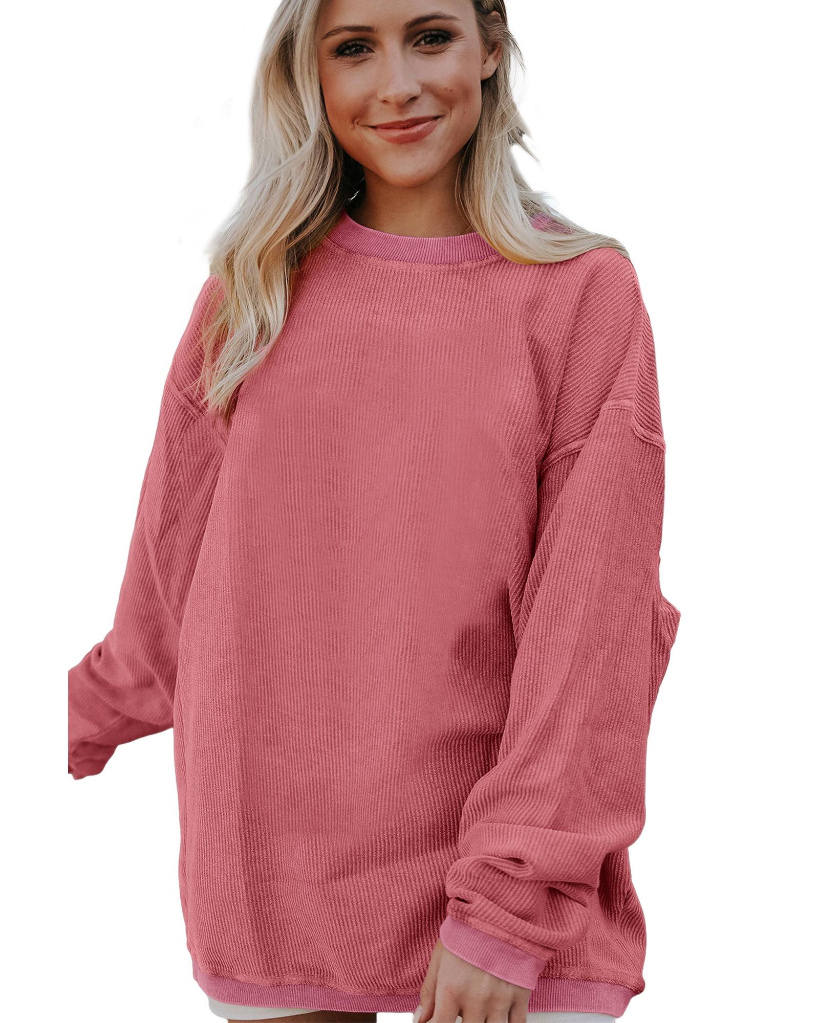 Strawberry Pink Ribbed Corded Oversized Sweatshirt - M