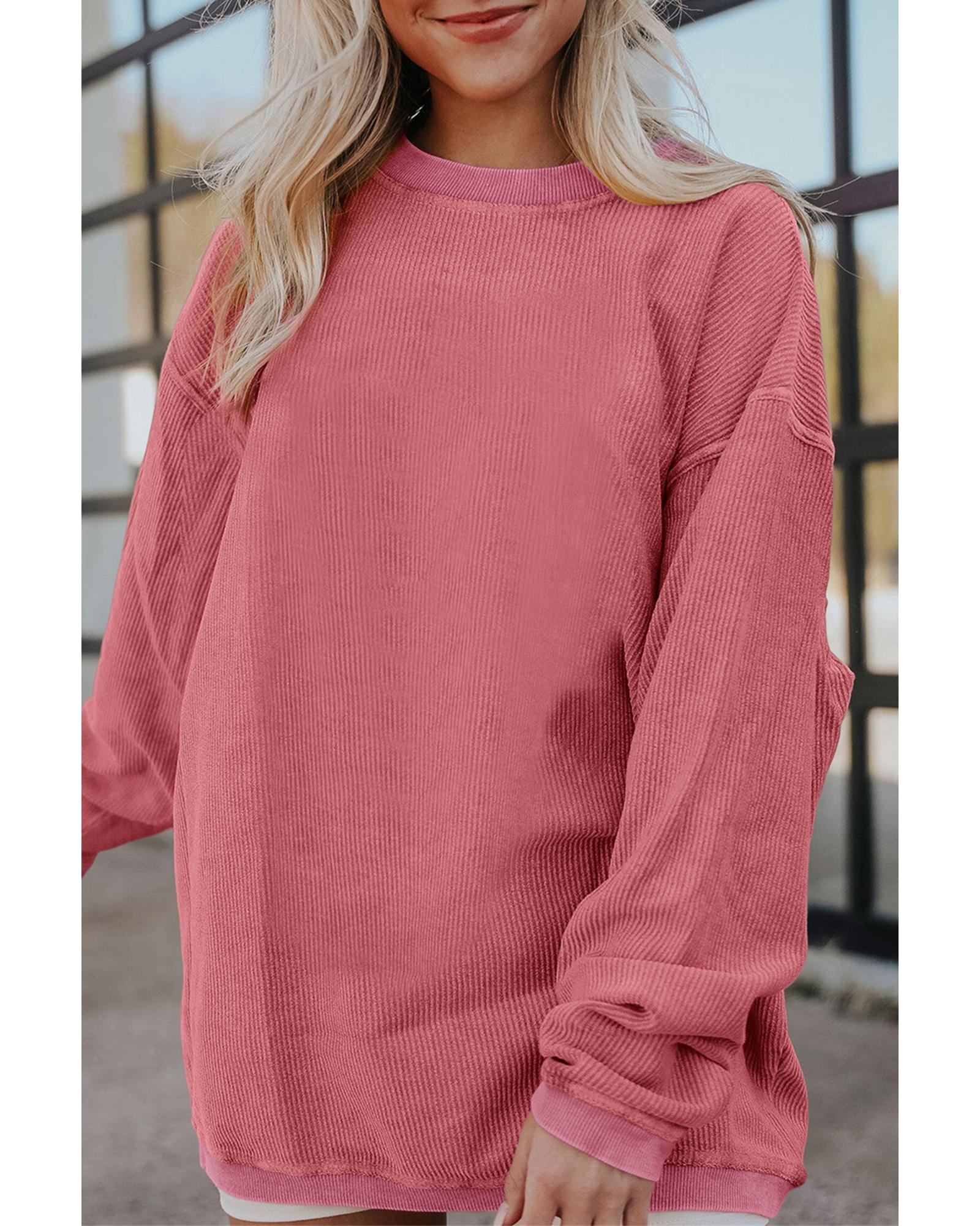 Strawberry Pink Ribbed Corded Oversized Sweatshirt - M 3