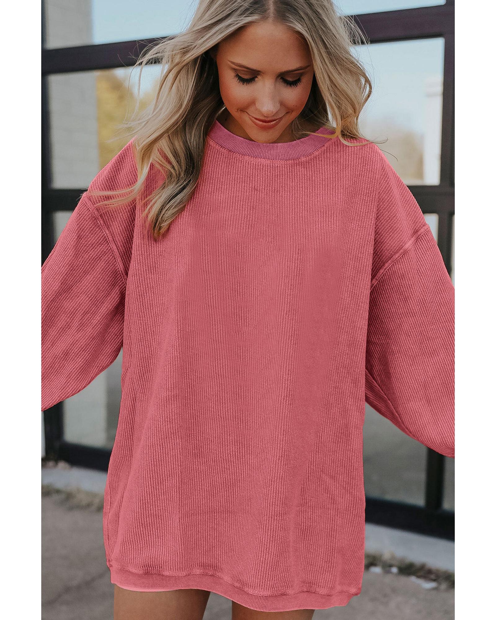 Strawberry Pink Ribbed Corded Oversized Sweatshirt - M 4