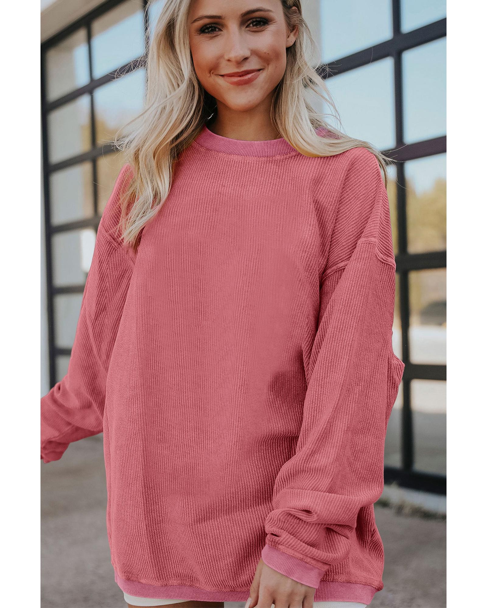 Strawberry Pink Ribbed Corded Oversized Sweatshirt - M 6