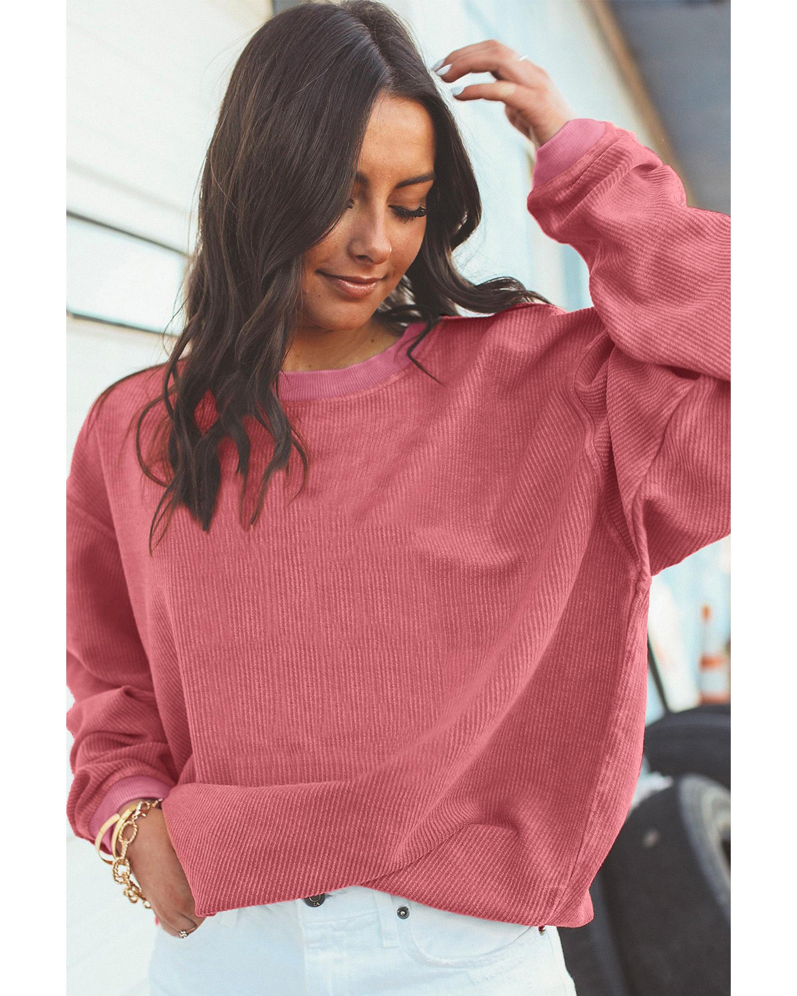 Strawberry Pink Ribbed Corded Oversized Sweatshirt - S 5