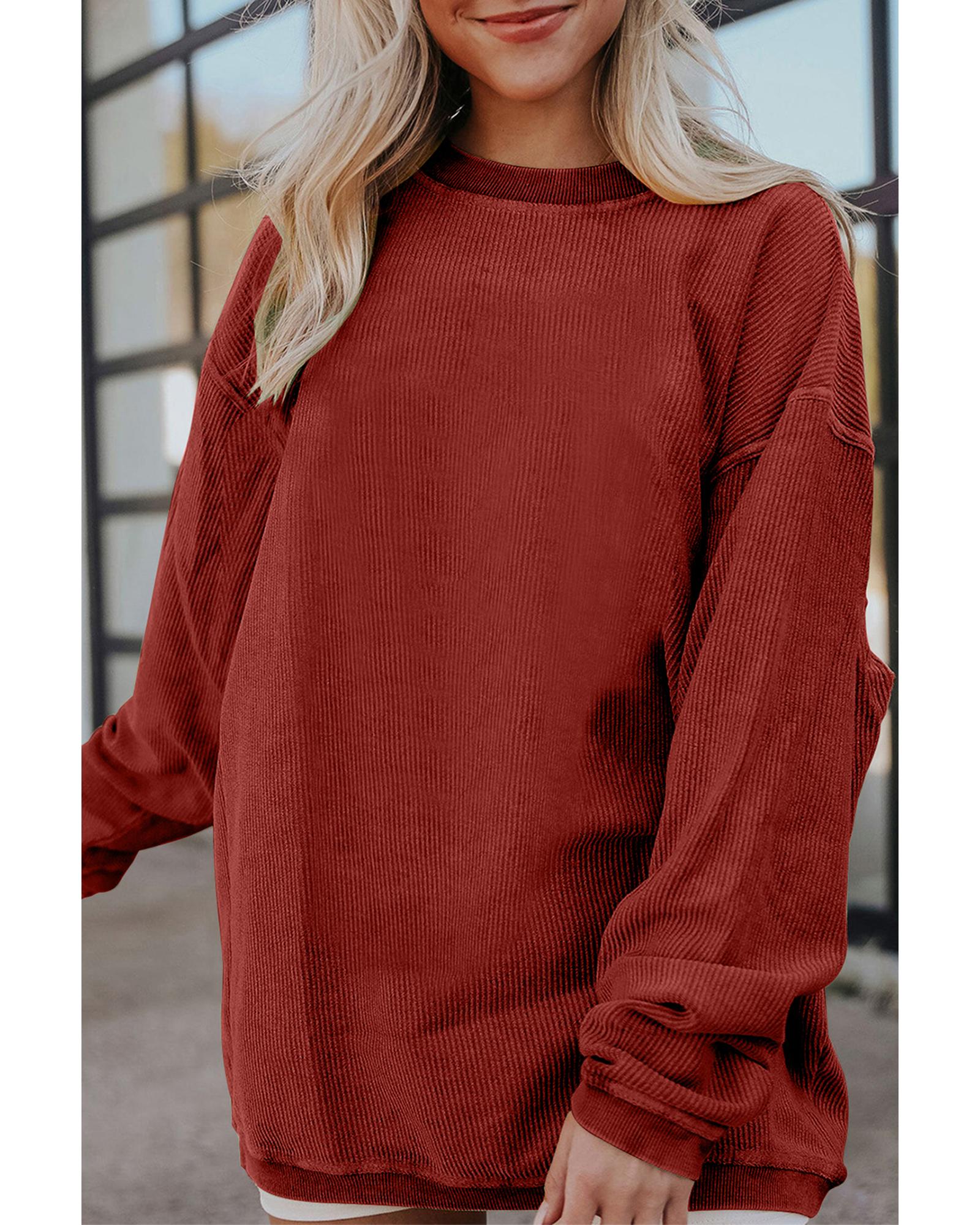 Racing Red Ribbed Corded Oversized Sweatshirt - L 4