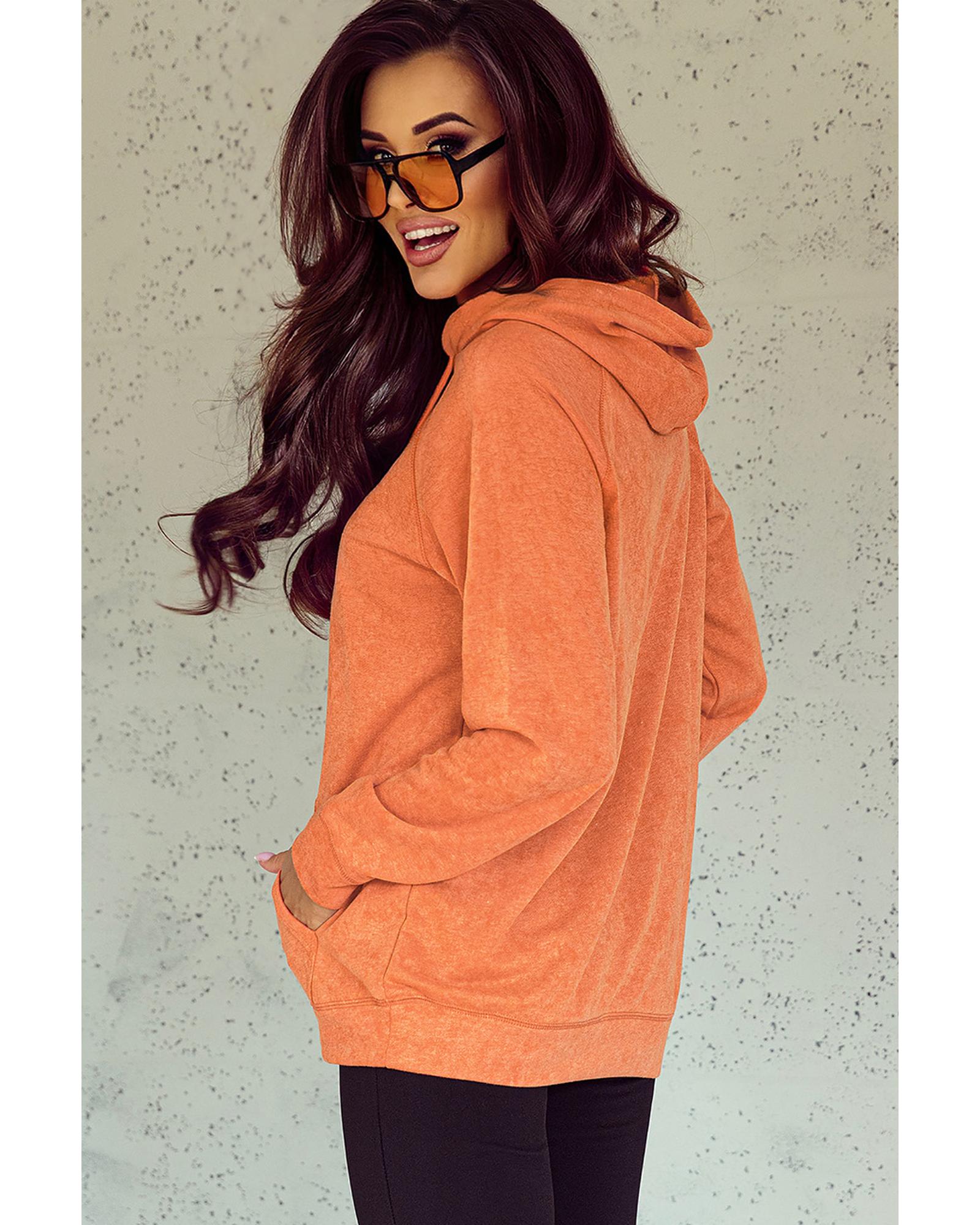 Orange Mineral Wash Kangaroo Pocket Drawstring Pullover Hoodie - L