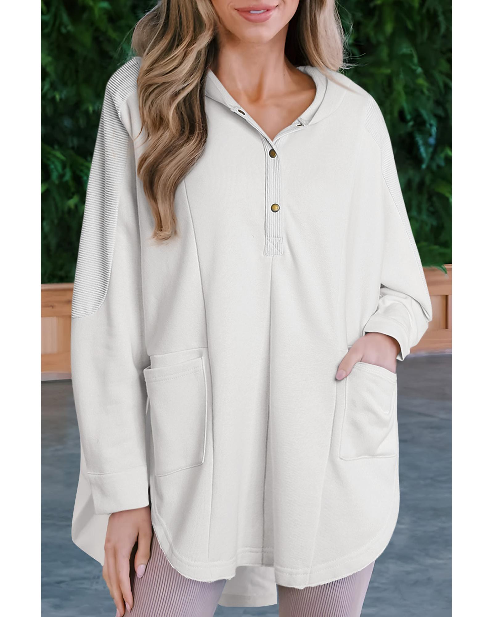 White Patchwork Side Pockets Oversized Henley Hoodie - 2XL 3