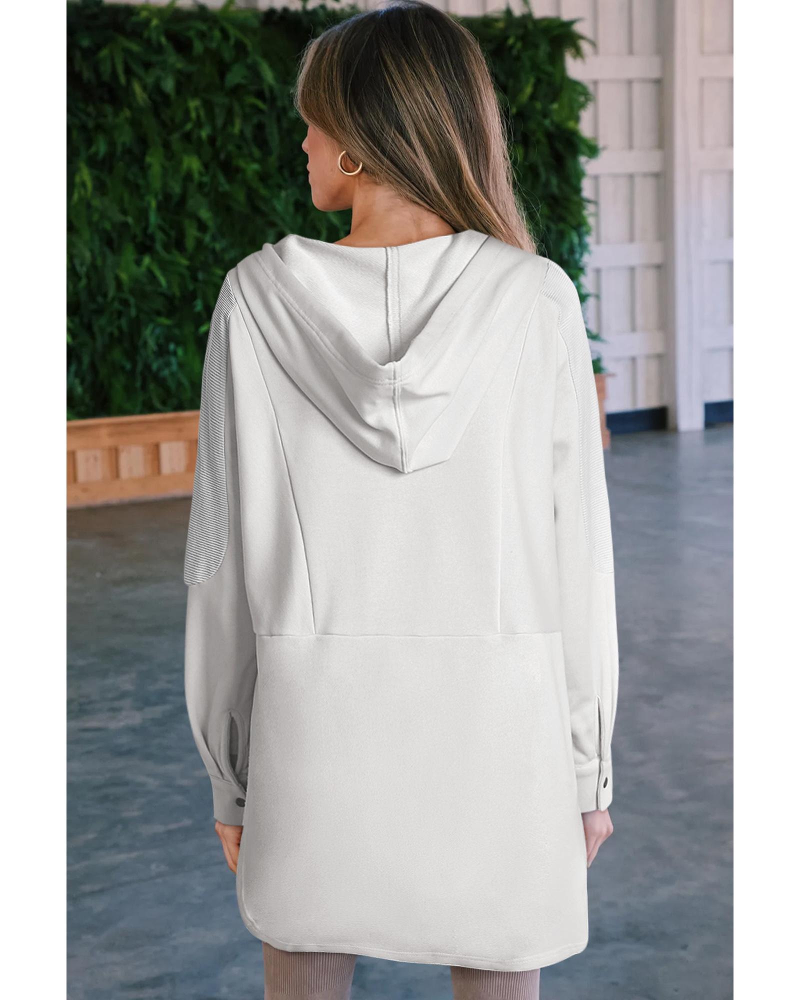 White Patchwork Side Pockets Oversized Henley Hoodie - M
