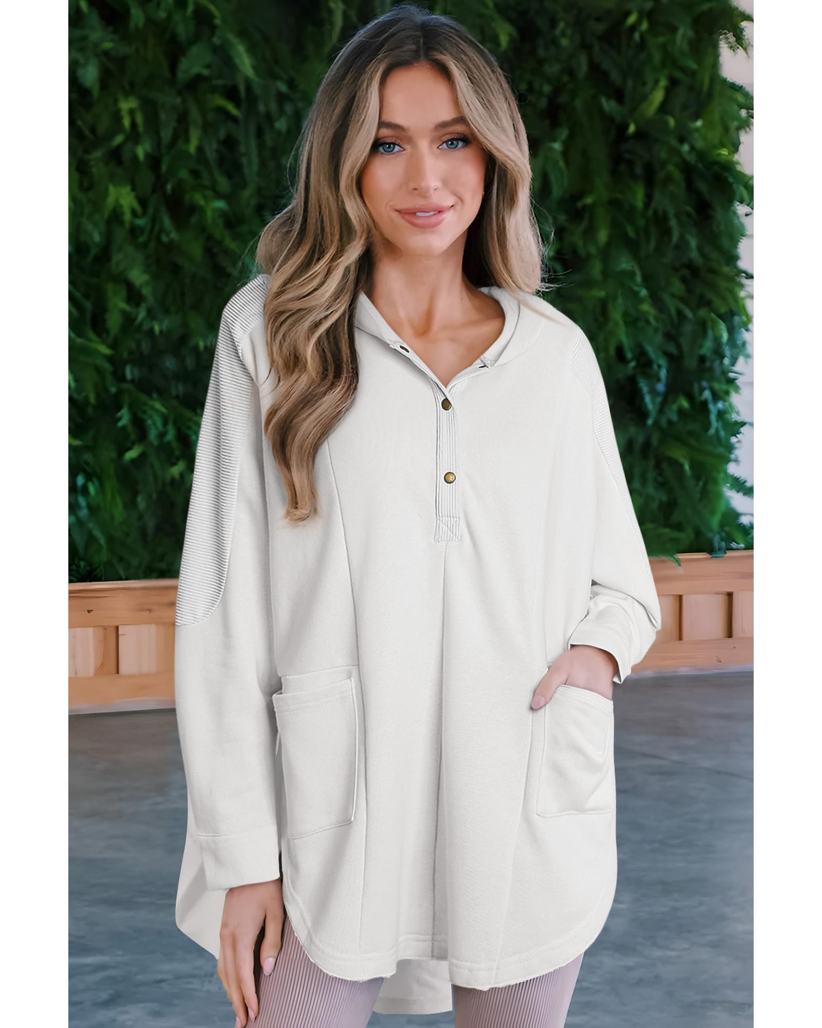 White Patchwork Side Pockets Oversized Henley Hoodie - M