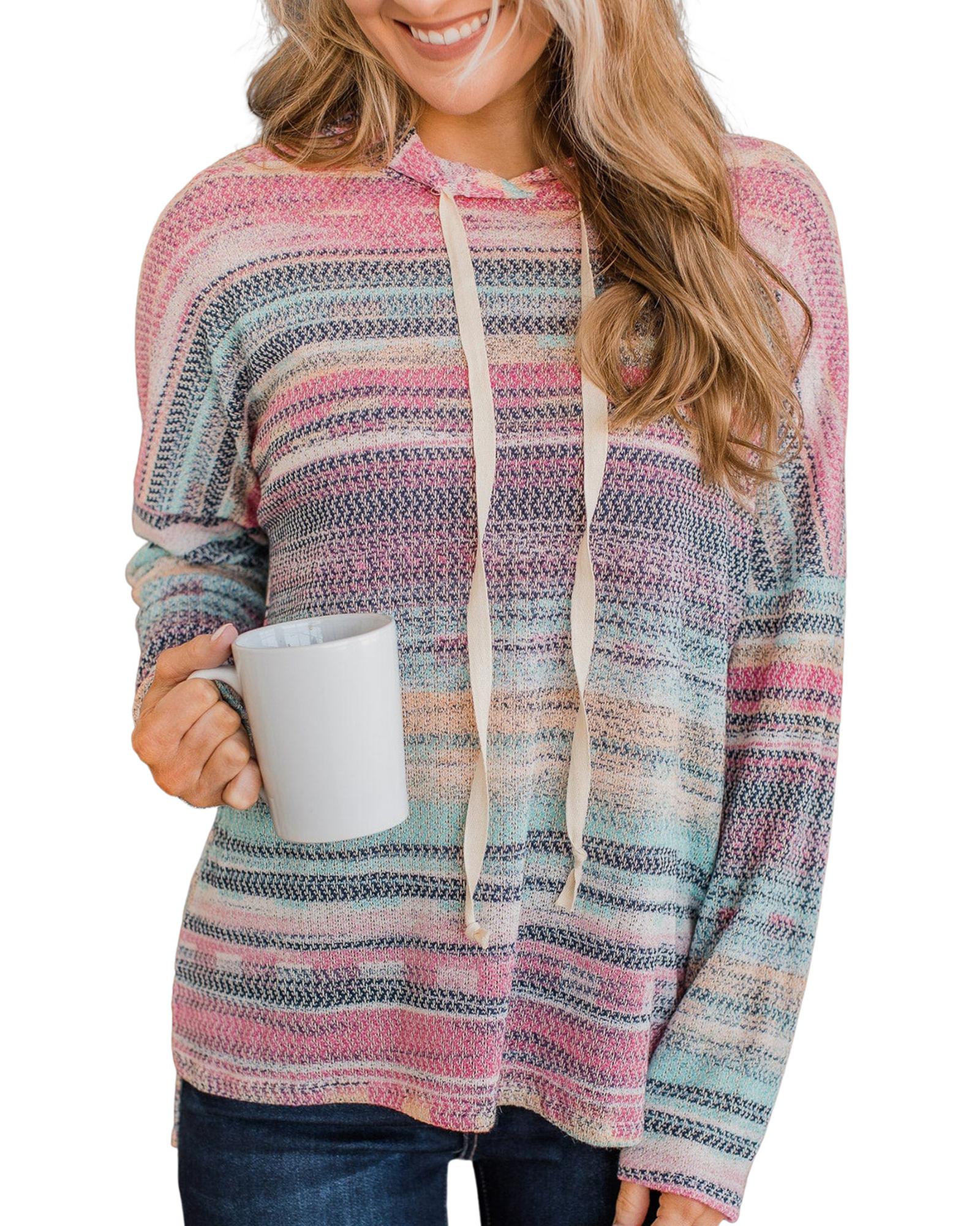 Multicolor Striped Print Cable Knit Drop Shoulder Hoodie - M