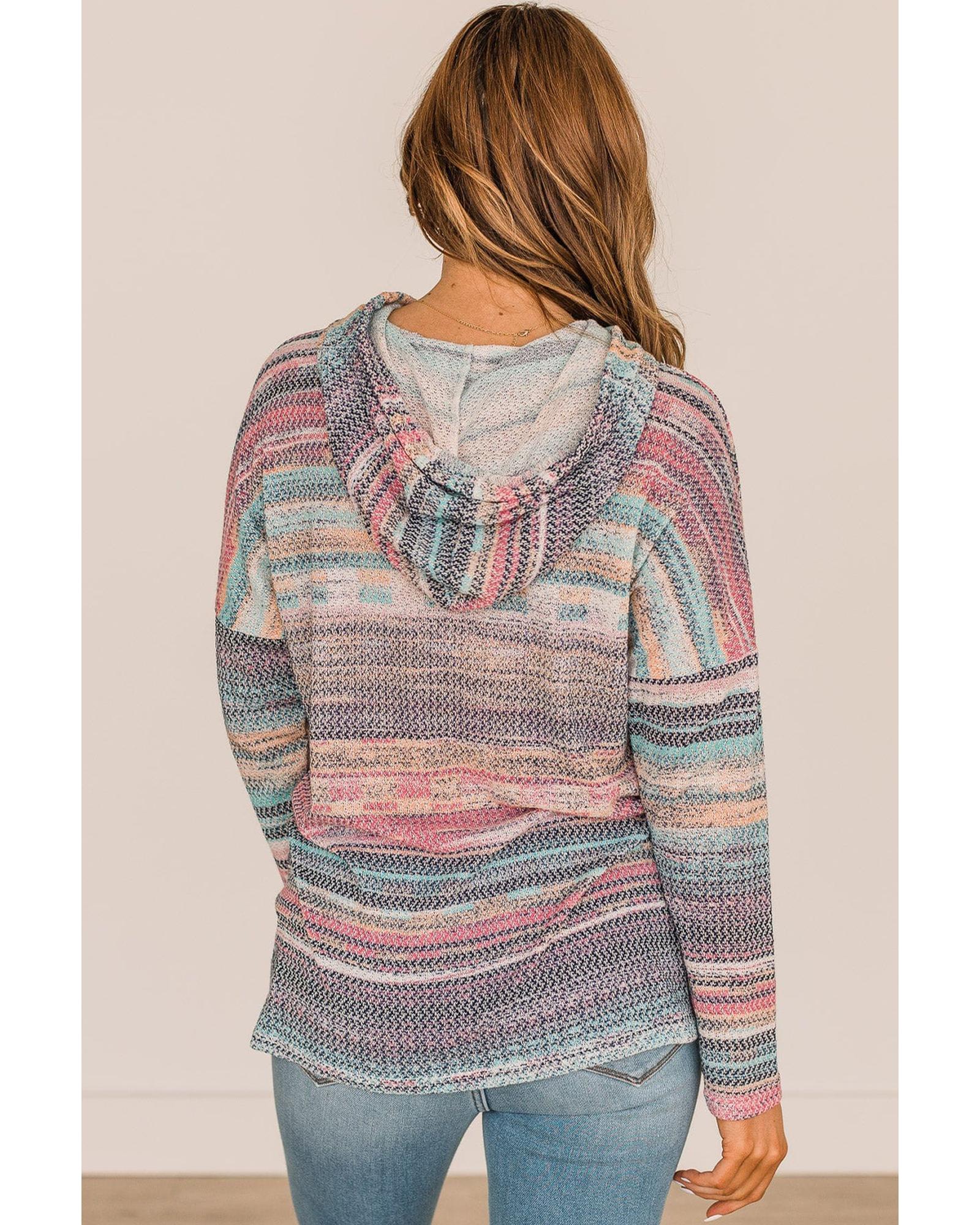 Multicolor Striped Print Cable Knit Drop Shoulder Hoodie - S