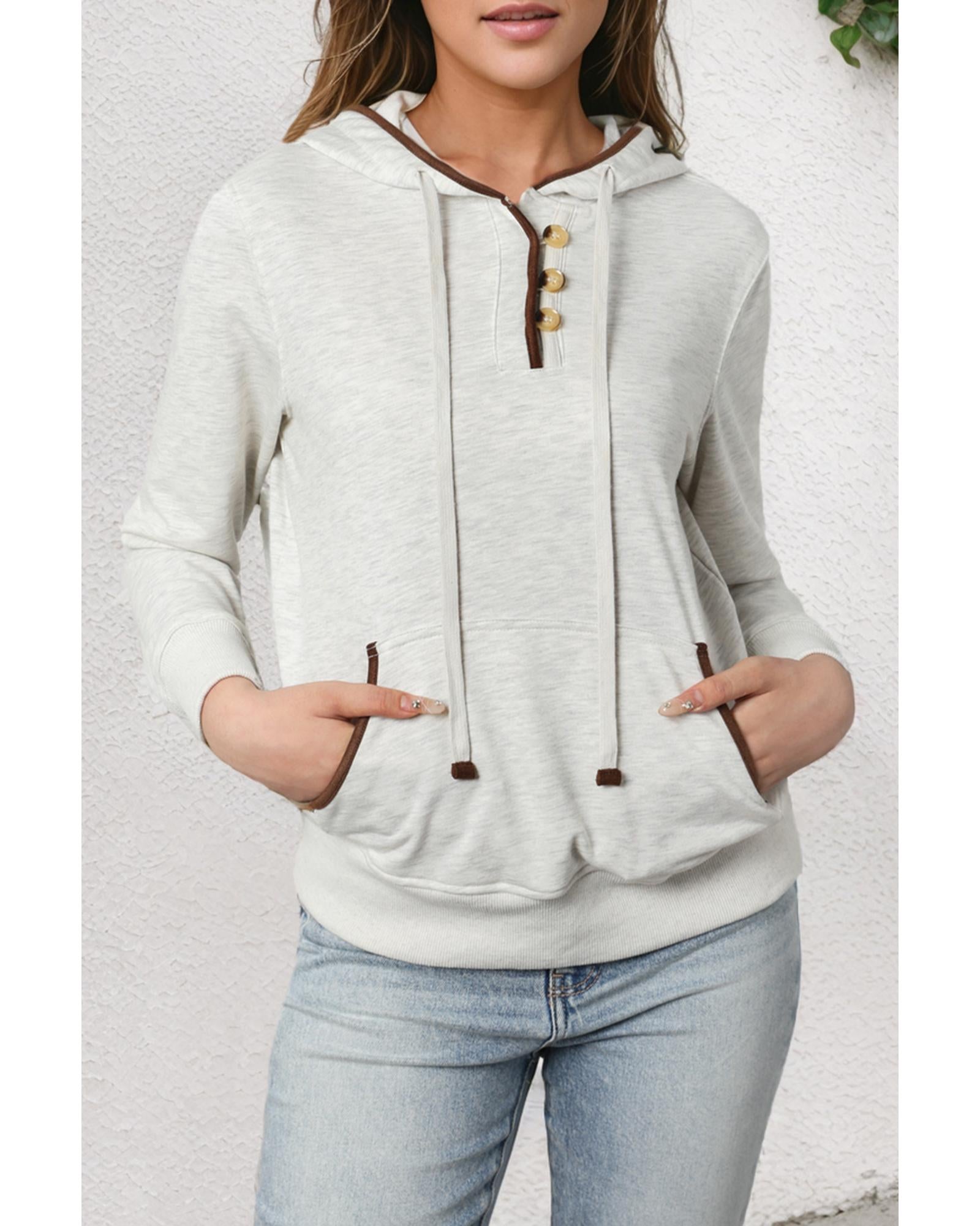 Beige Drawstring Kangaroo Pocket Henley Hoodie - S