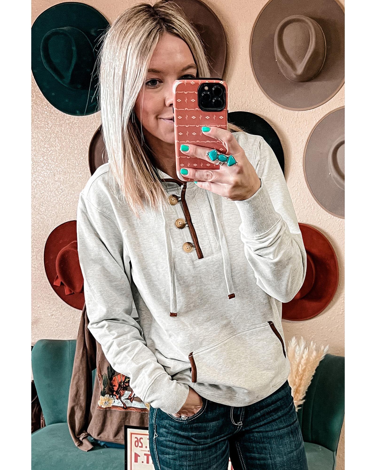 Beige Drawstring Kangaroo Pocket Henley Hoodie - S 4