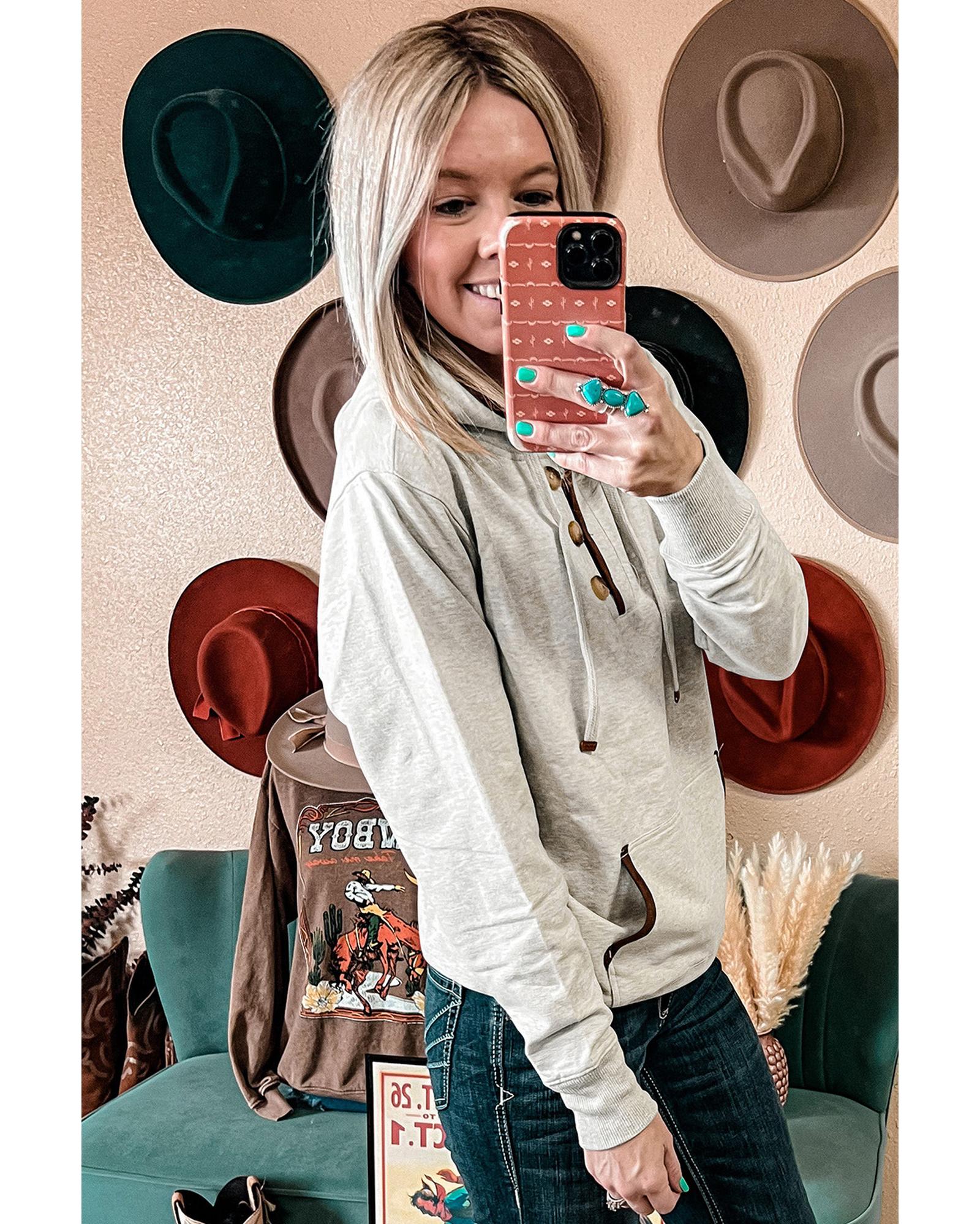 Beige Drawstring Kangaroo Pocket Henley Hoodie - S 5