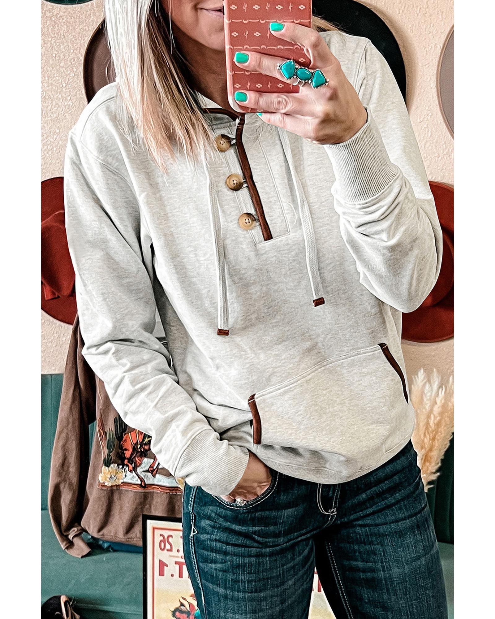 Beige Drawstring Kangaroo Pocket Henley Hoodie - S 6