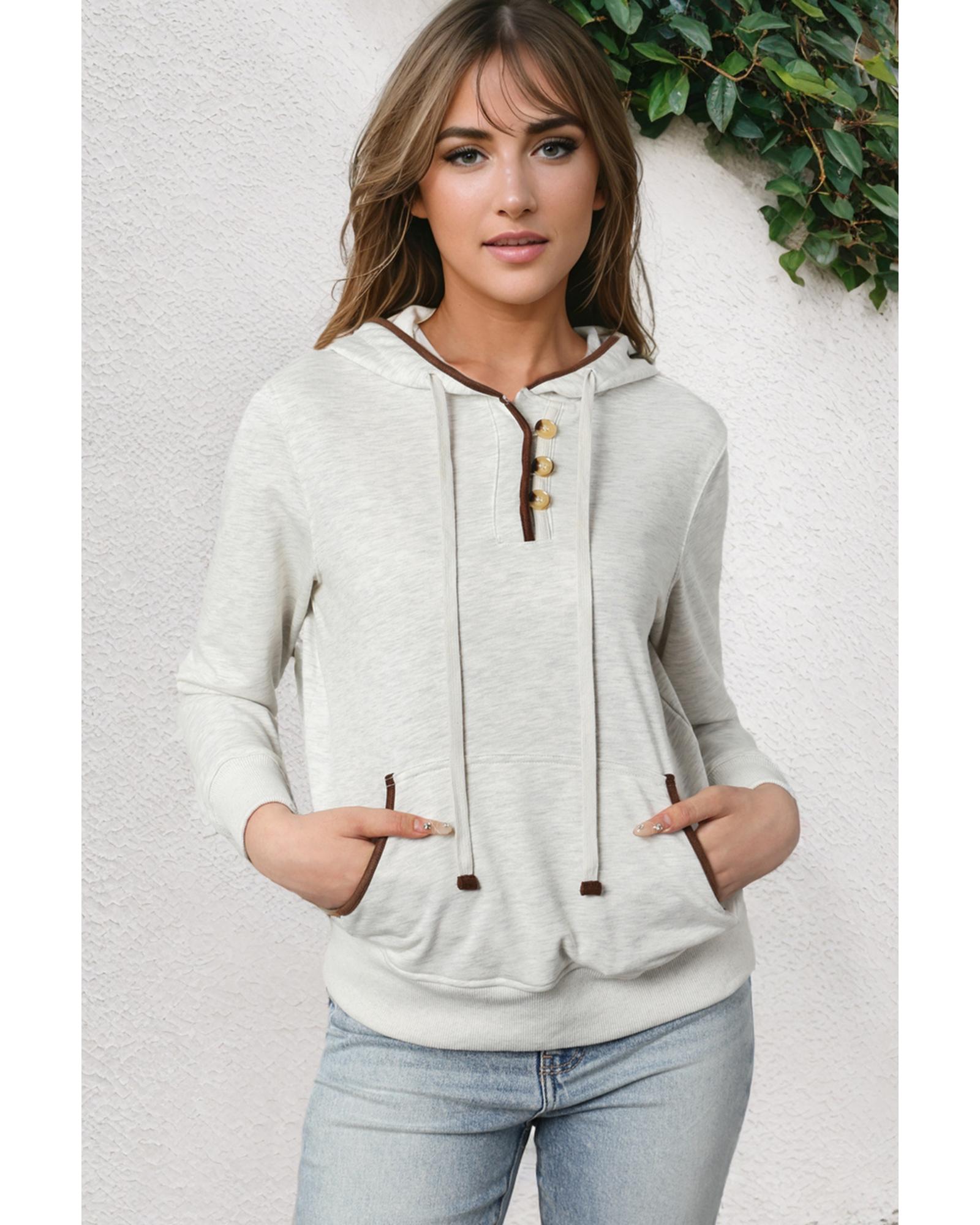 Beige Drawstring Kangaroo Pocket Henley Hoodie - S 7