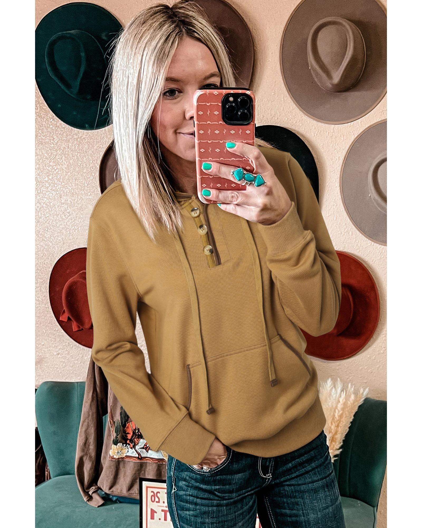 Khaki Drawstring Kangaroo Pocket Henley Hoodie - L