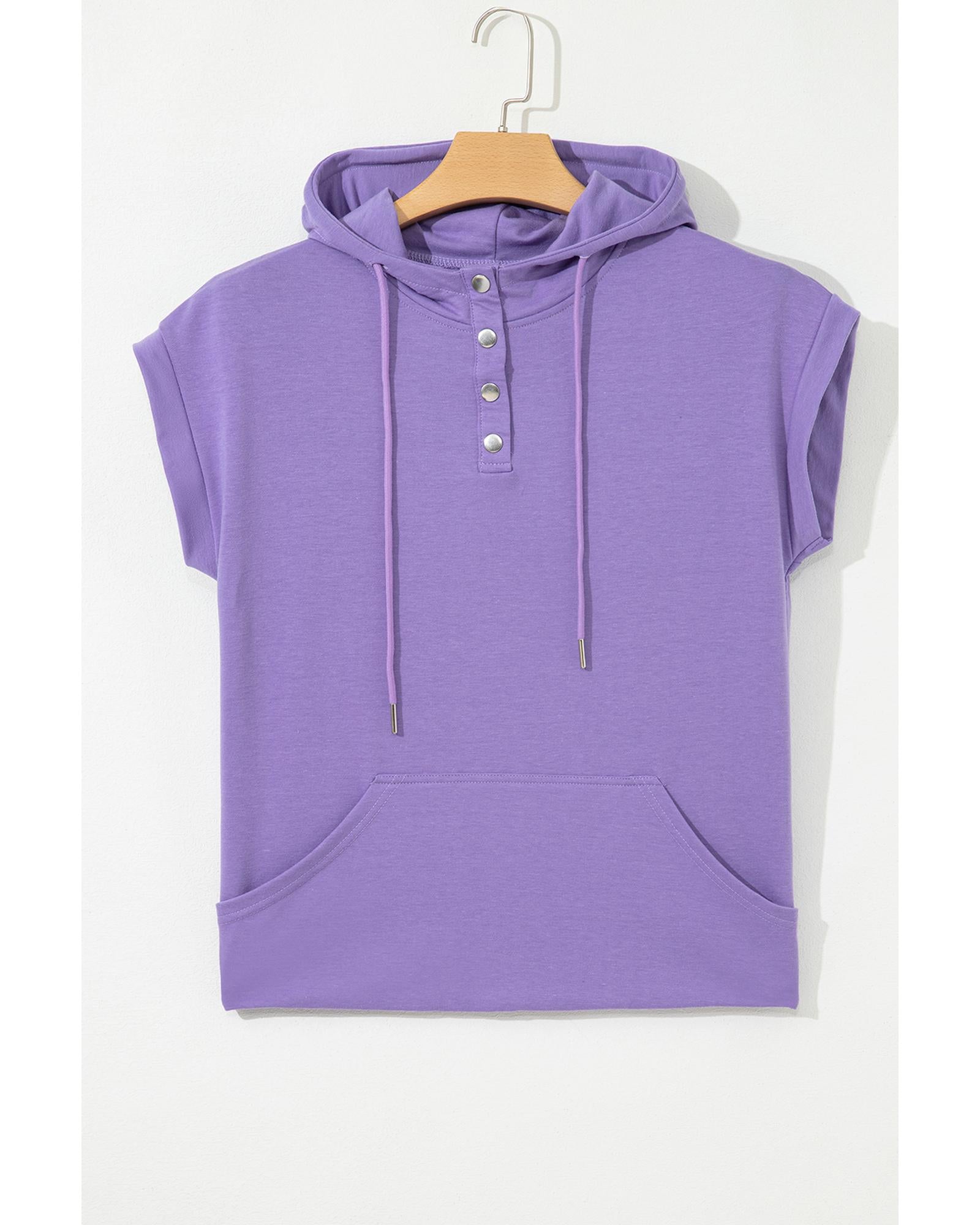 Purple Short Sleeve Buttoned Neck Kangaroo Pocket Hoodie - 2XL 4