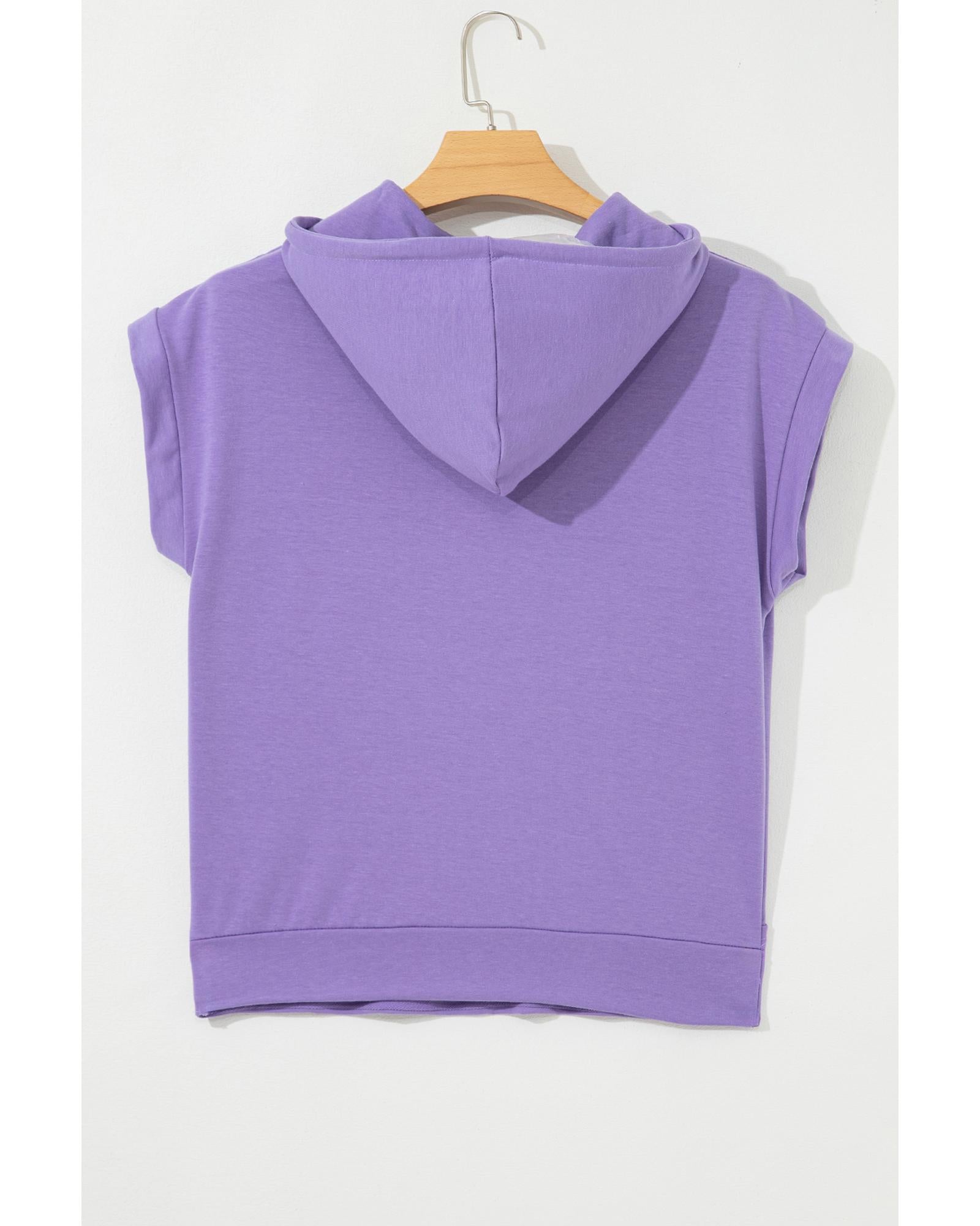 Purple Short Sleeve Buttoned Neck Kangaroo Pocket Hoodie - M 6