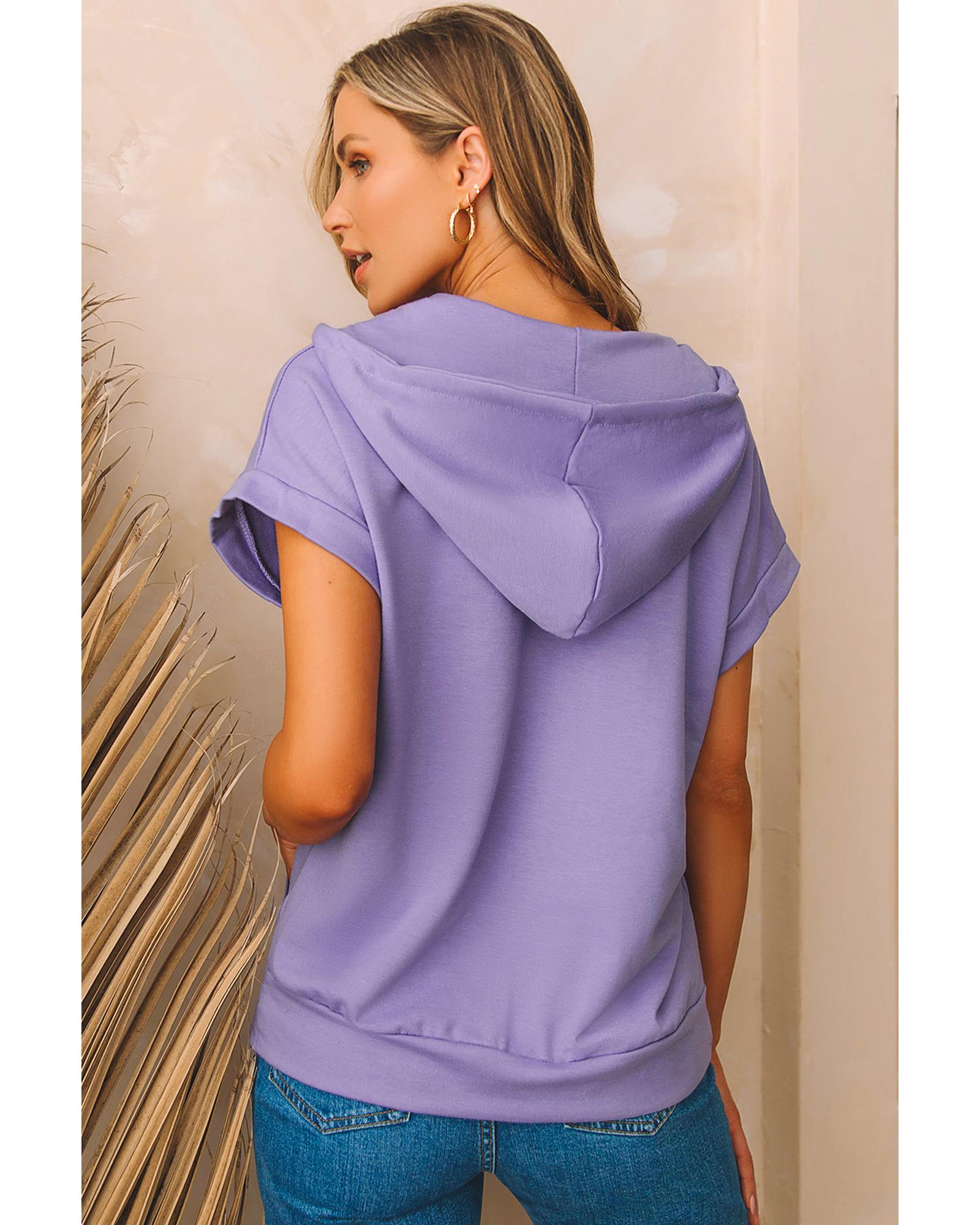 Purple Short Sleeve Buttoned Neck Kangaroo Pocket Hoodie - S