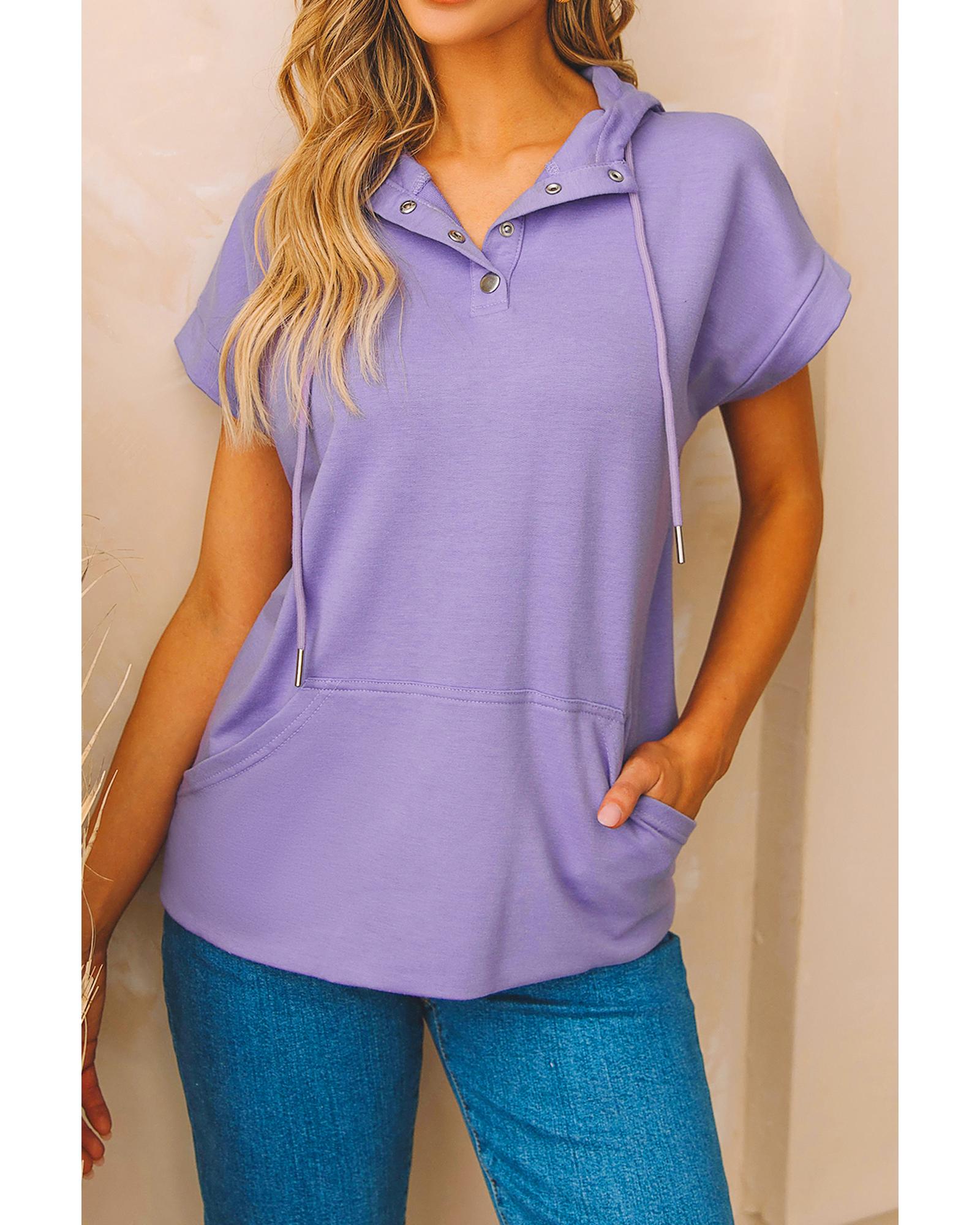 Purple Short Sleeve Buttoned Neck Kangaroo Pocket Hoodie - XL 4