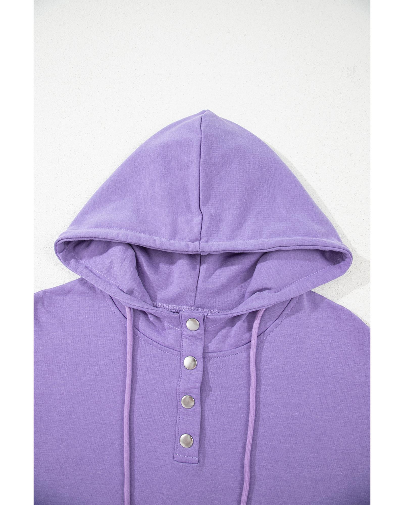 Purple Short Sleeve Buttoned Neck Kangaroo Pocket Hoodie - XL 6