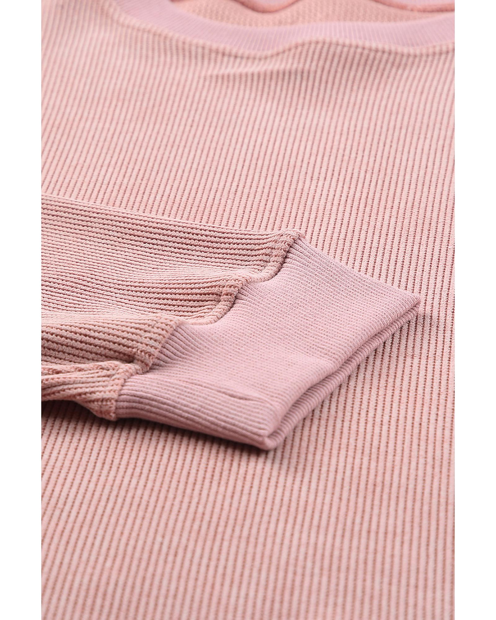 Pink Solid Ribbed Knit Round Neck Pullover Sweatshirt - S