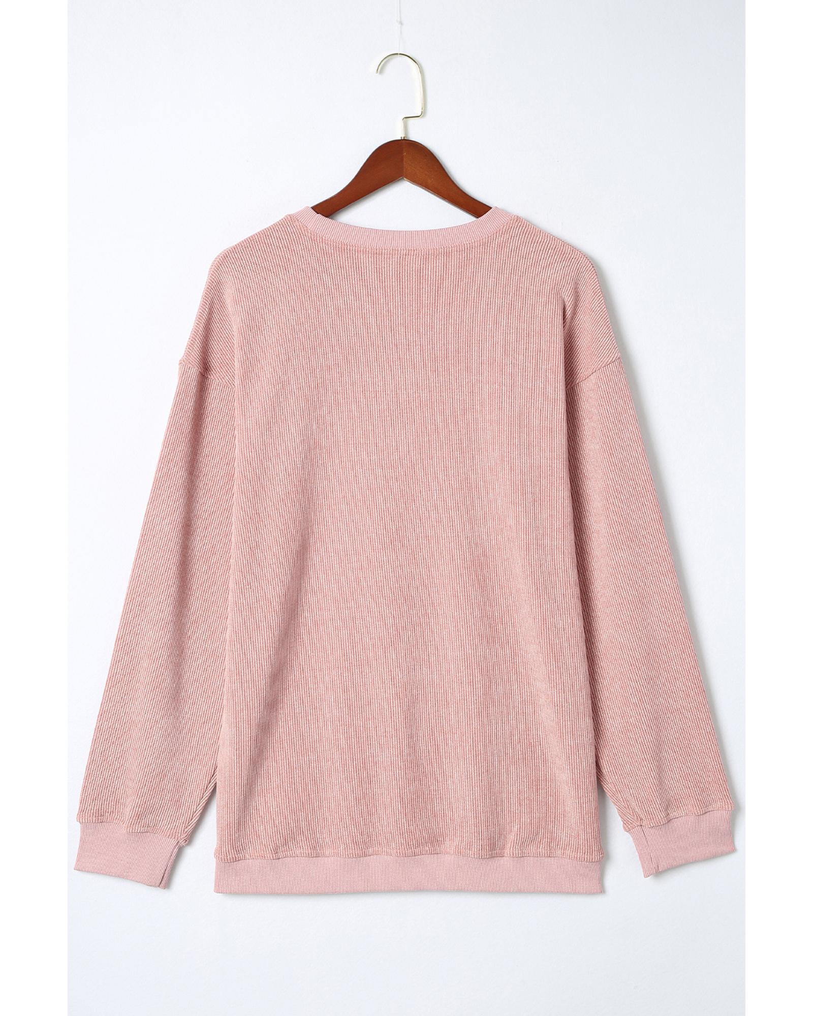 Pink Solid Ribbed Knit Round Neck Pullover Sweatshirt - S 3