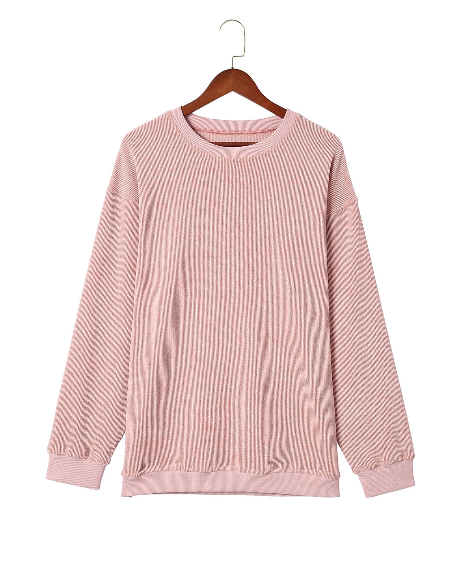 Pink Solid Ribbed Knit Round Neck Pullover Sweatshirt - S 4