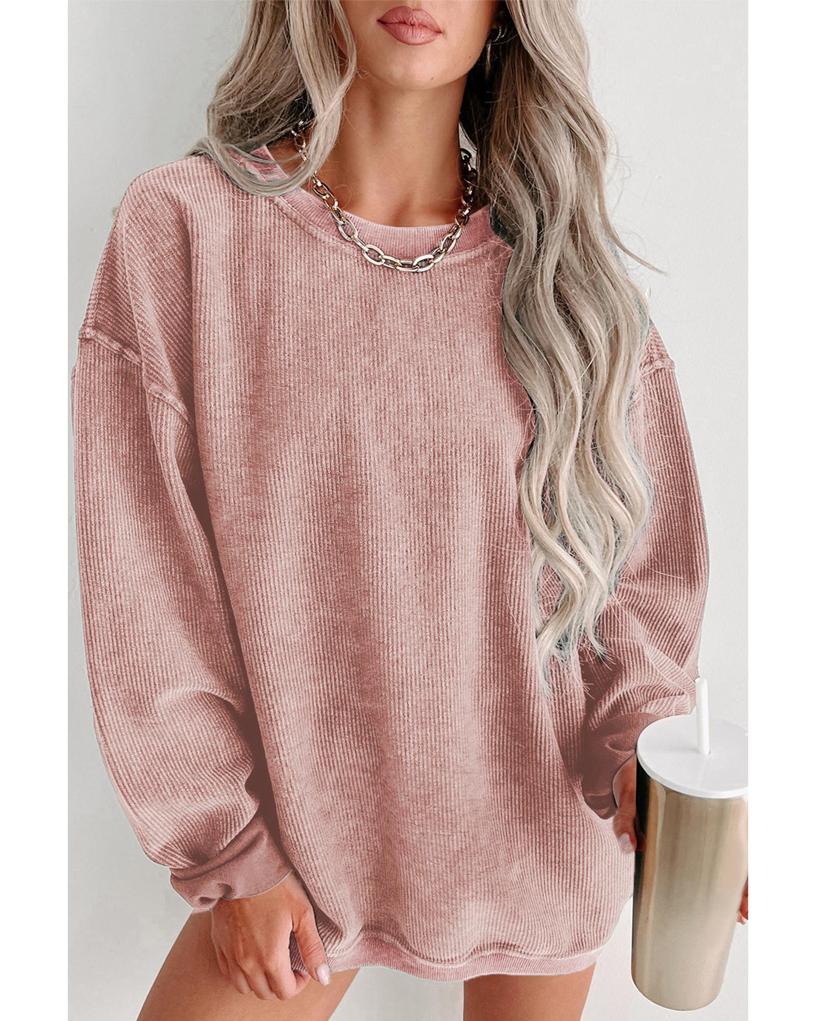 Pink Solid Ribbed Knit Round Neck Pullover Sweatshirt - S 5