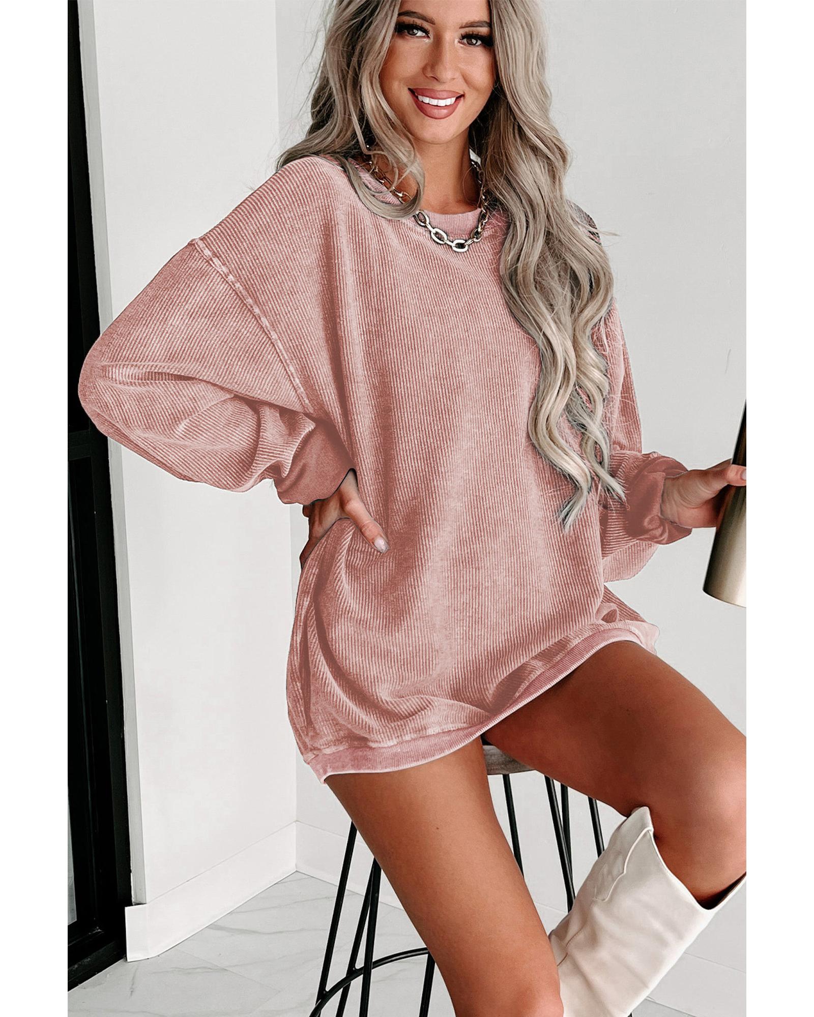 Pink Solid Ribbed Knit Round Neck Pullover Sweatshirt - S 6