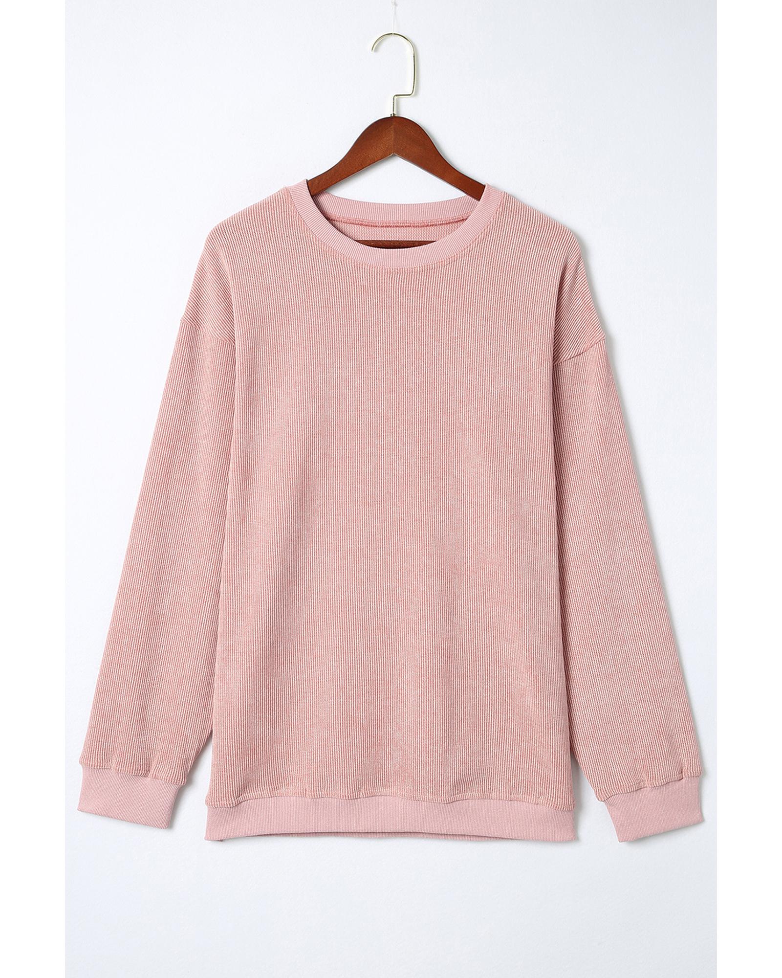 Pink Solid Ribbed Knit Round Neck Pullover Sweatshirt - S 8