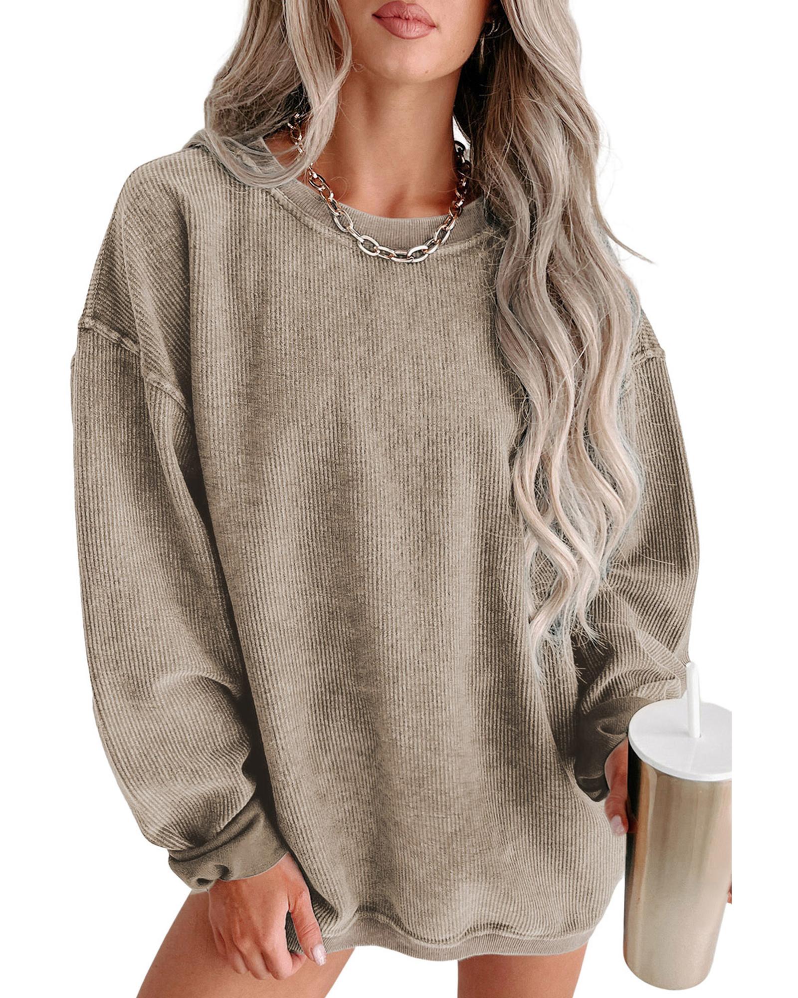 Khaki Solid Ribbed Knit Round Neck Pullover Sweatshirt - XL