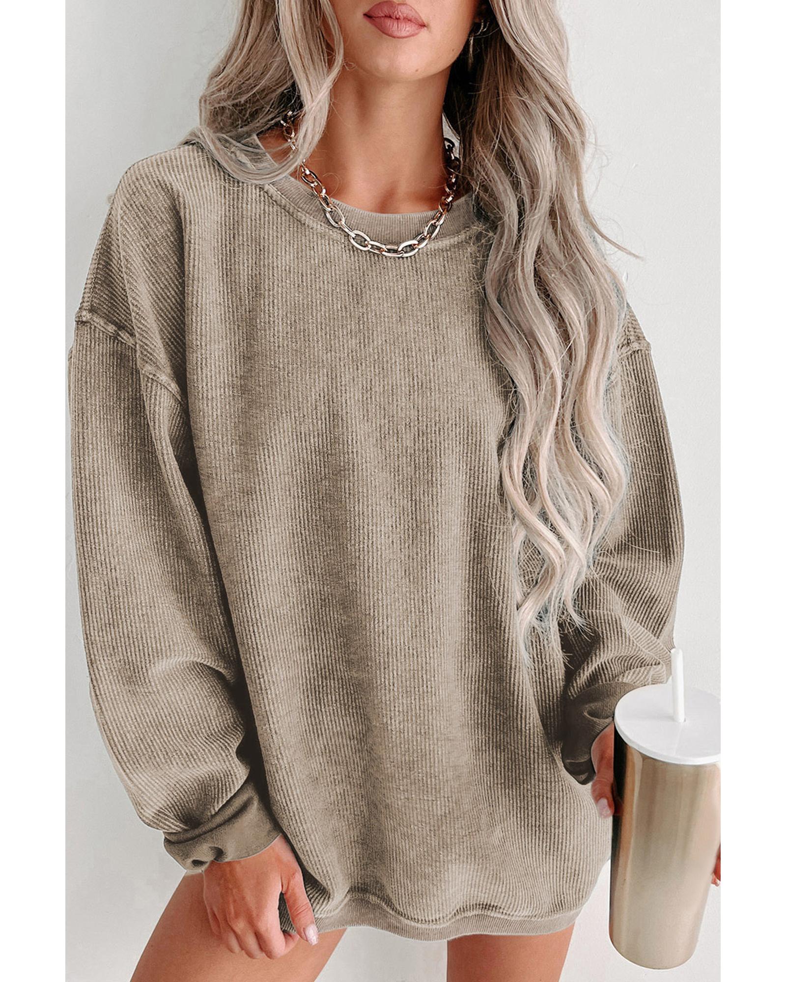 Khaki Solid Ribbed Knit Round Neck Pullover Sweatshirt - XL