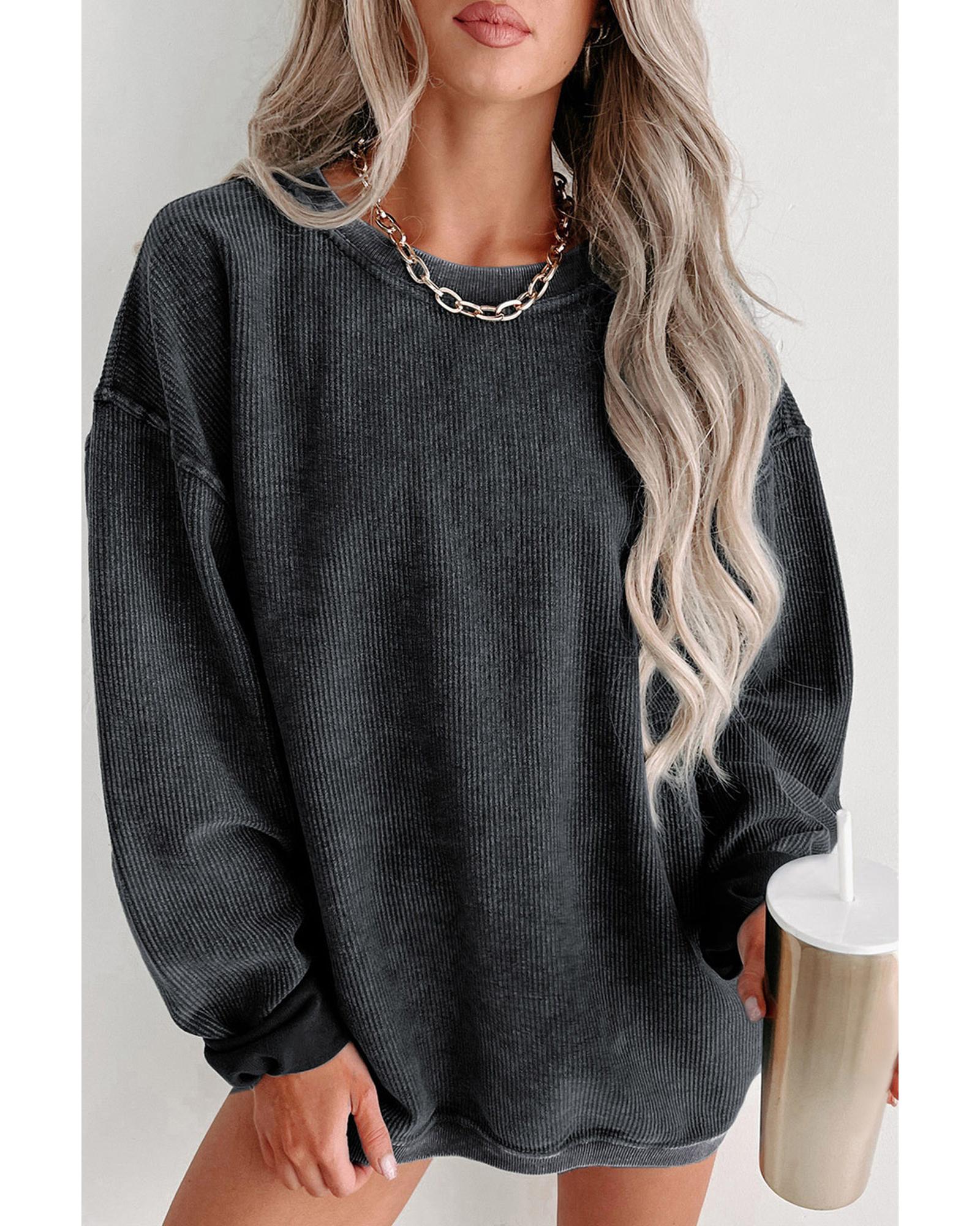 Black Solid Ribbed Knit Round Neck Pullover Sweatshirt - L 3