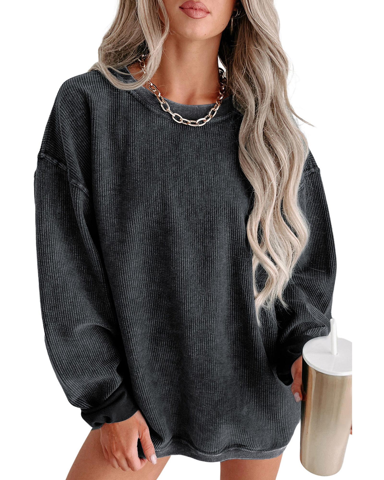 Black Solid Ribbed Knit Round Neck Pullover Sweatshirt - XL