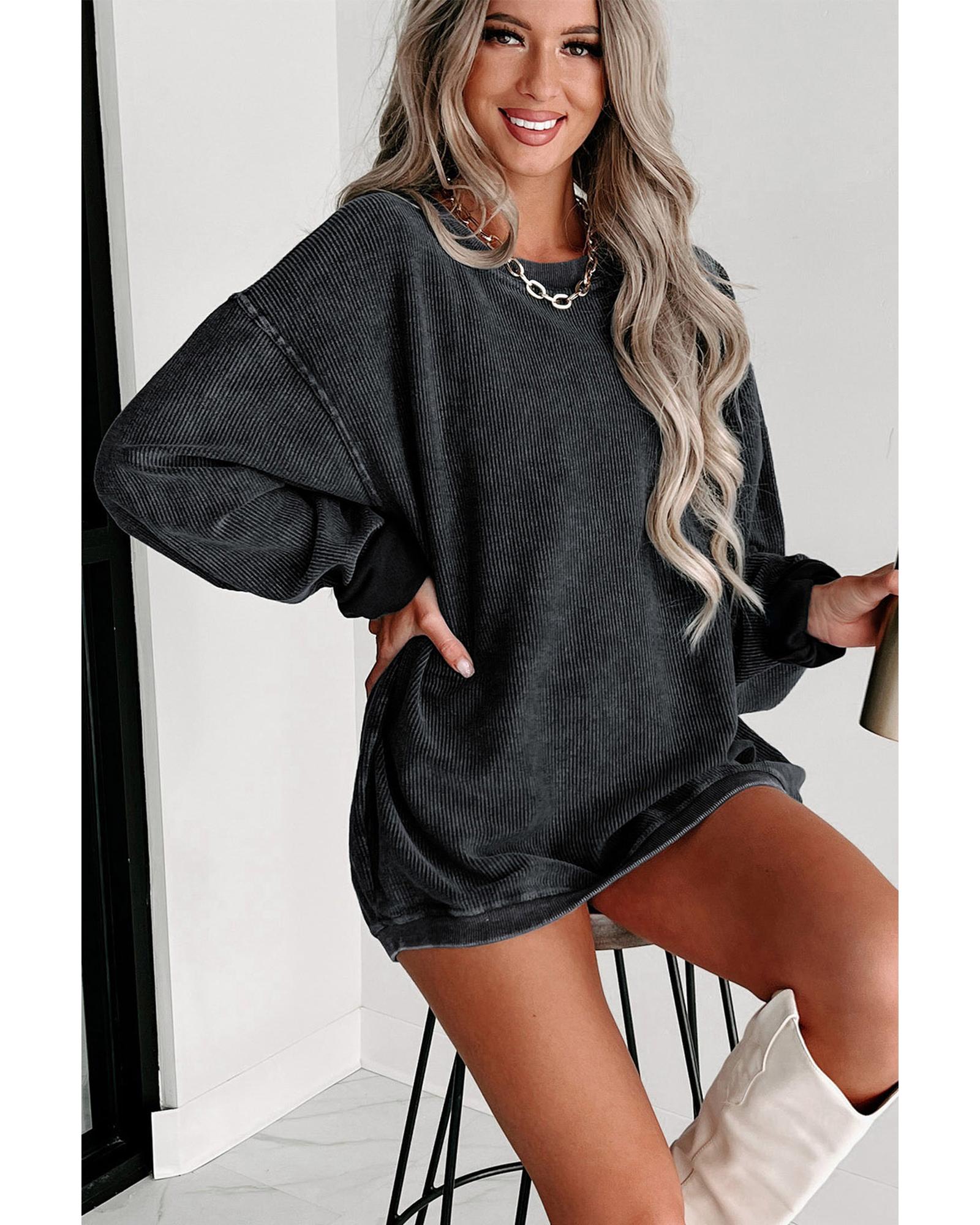 Black Solid Ribbed Knit Round Neck Pullover Sweatshirt - XL