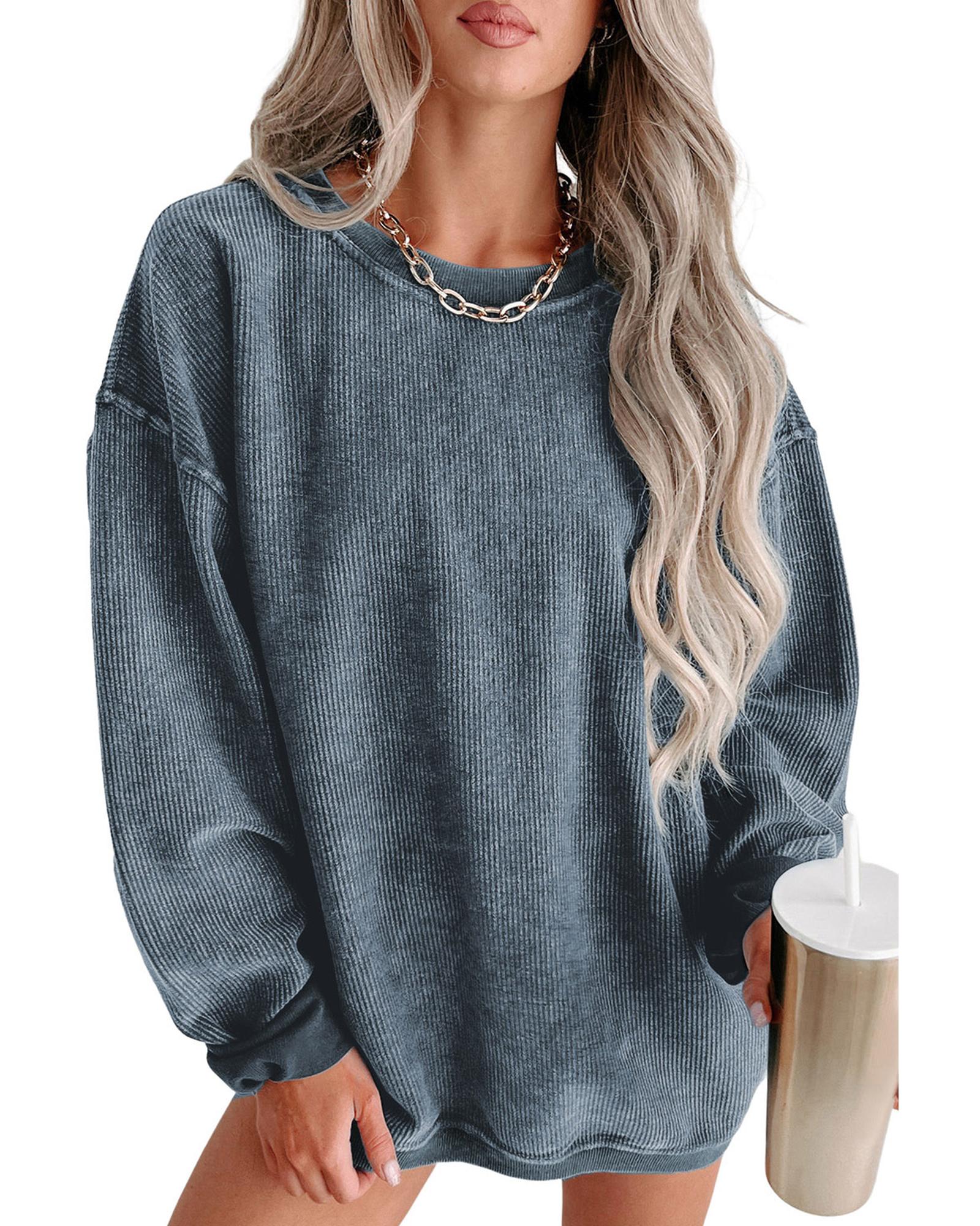 Blue Solid Ribbed Knit Round Neck Pullover Sweatshirt - S