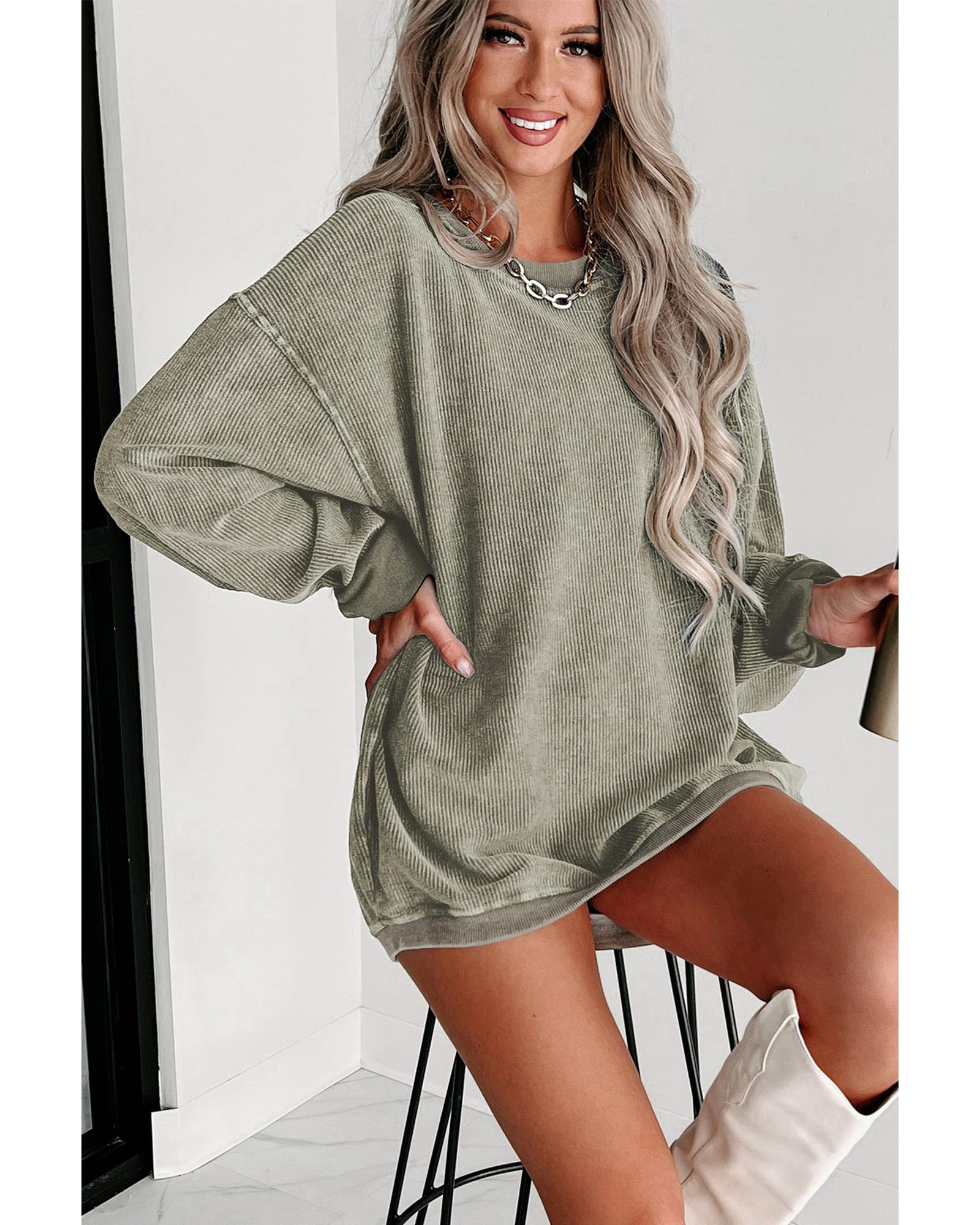 Green Solid Ribbed Knit Round Neck Pullover Sweatshirt - S