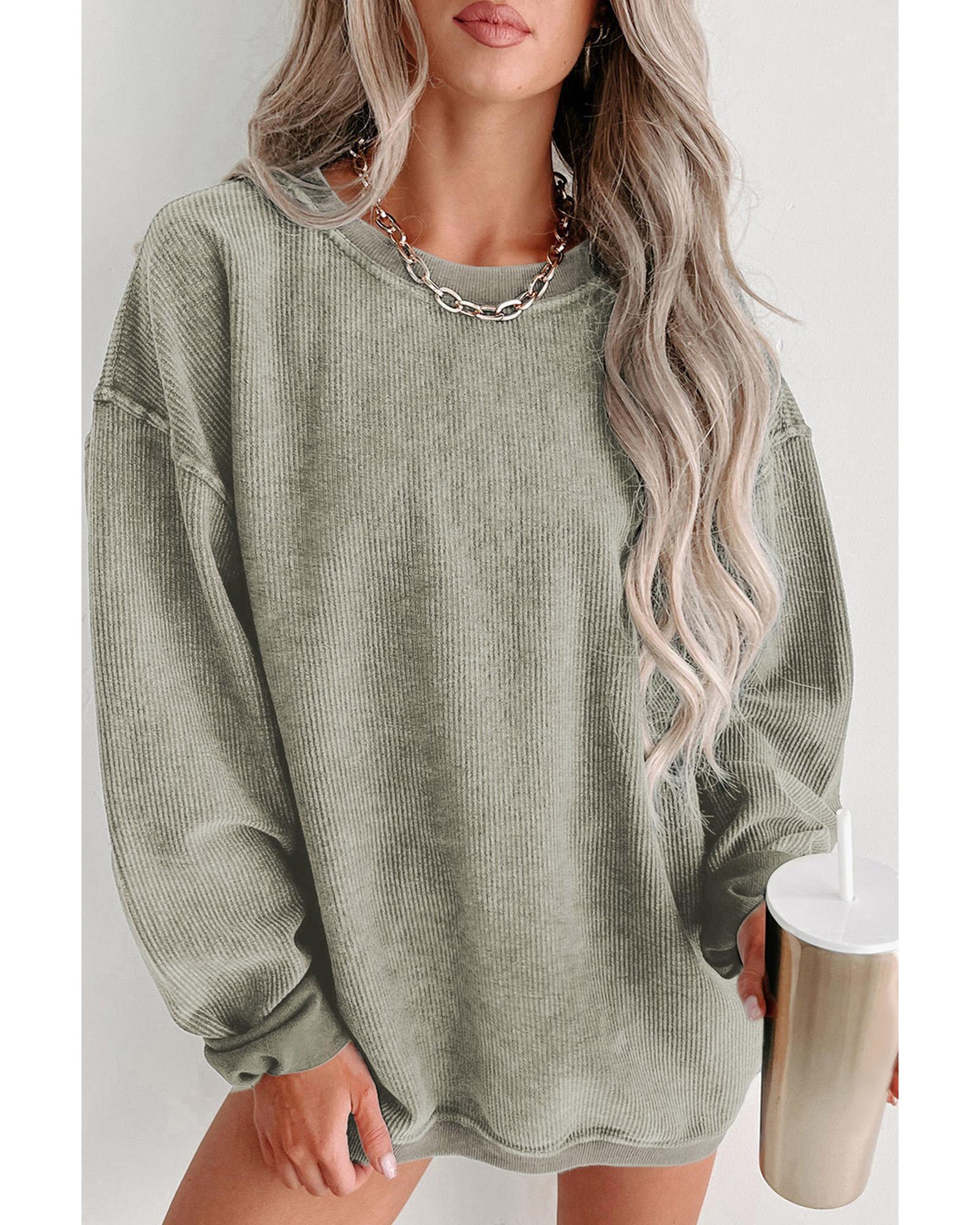 Green Solid Ribbed Knit Round Neck Pullover Sweatshirt - S 3