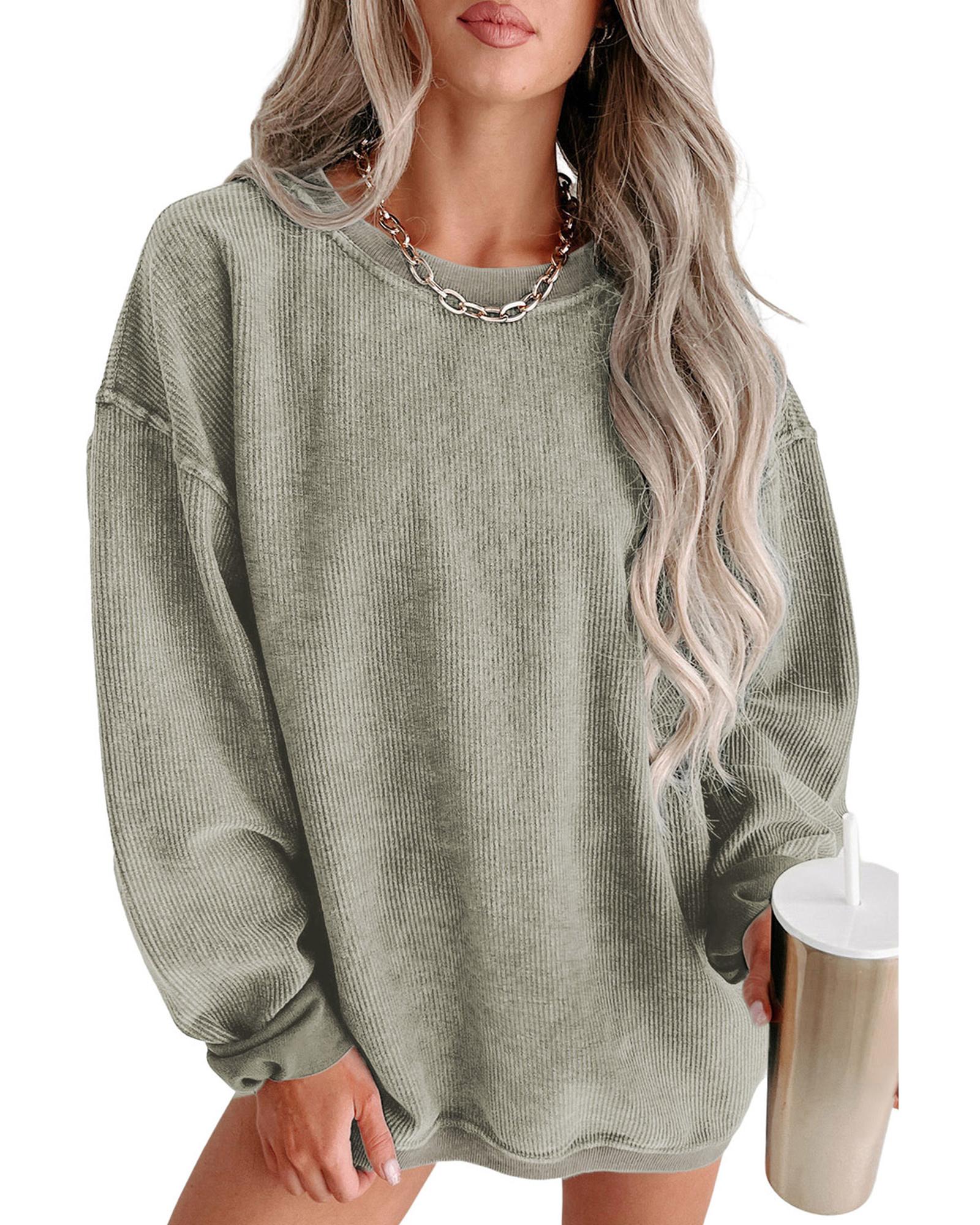 Green Solid Ribbed Knit Round Neck Pullover Sweatshirt - XL