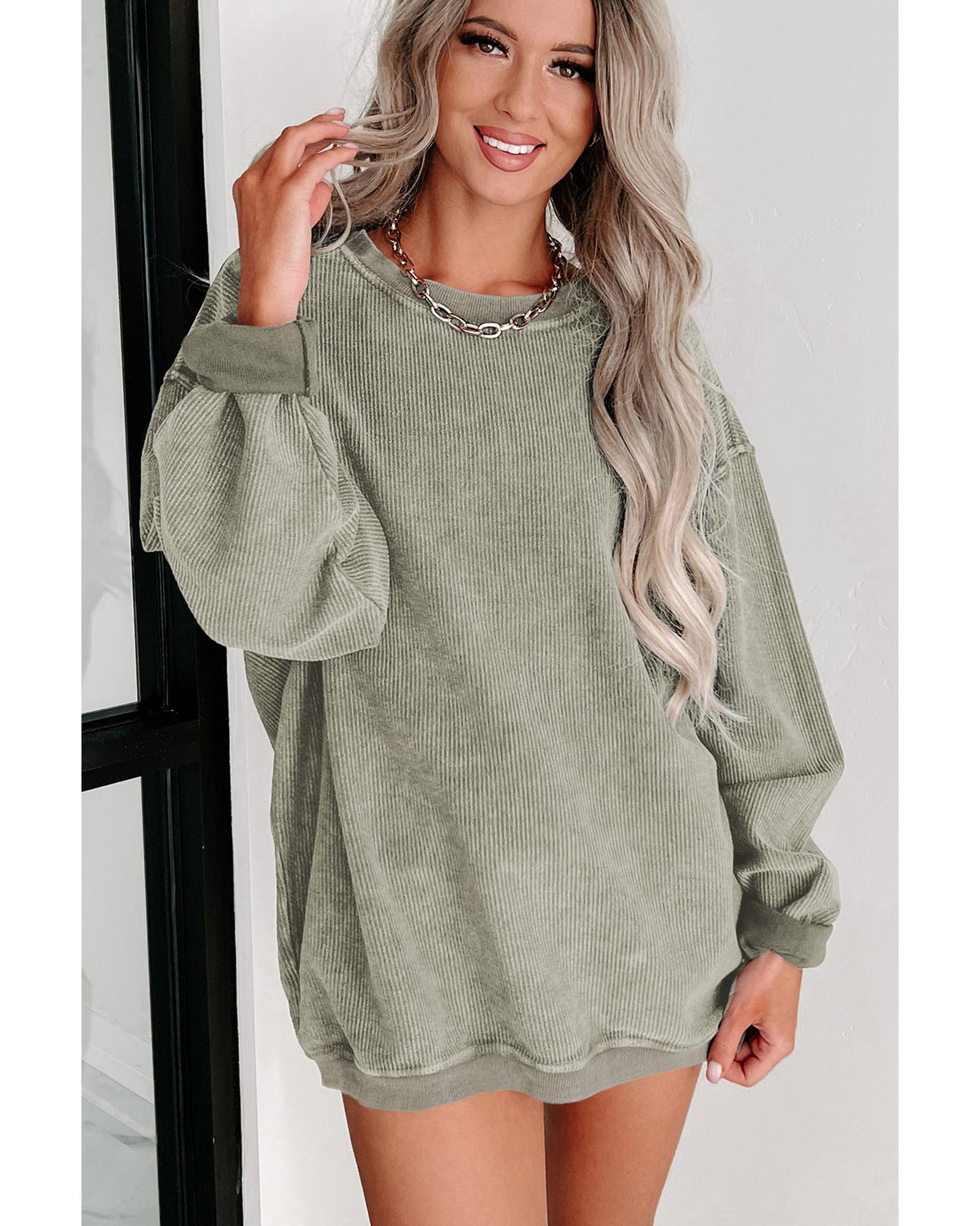 Green Solid Ribbed Knit Round Neck Pullover Sweatshirt - XL 3