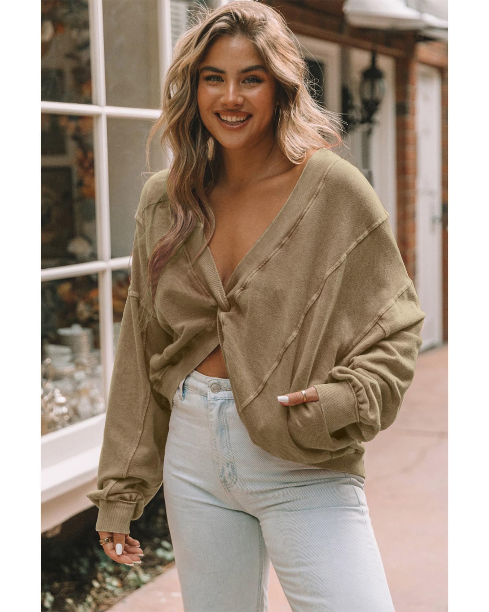 Khaki Exposed Seam Twist Open Back Oversized Sweatshirt - M