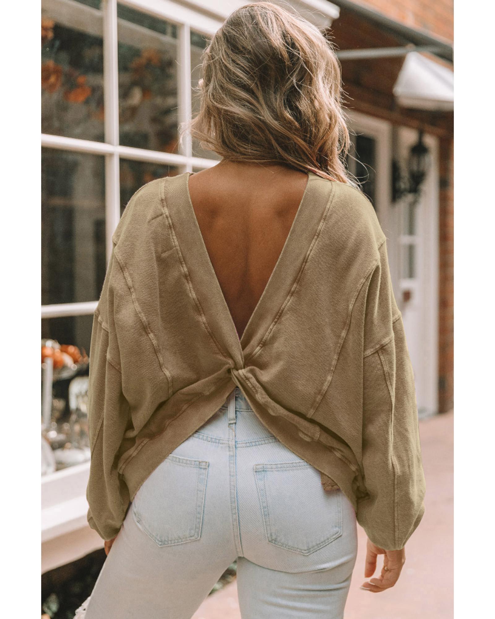 Khaki Exposed Seam Twist Open Back Oversized Sweatshirt - M 4