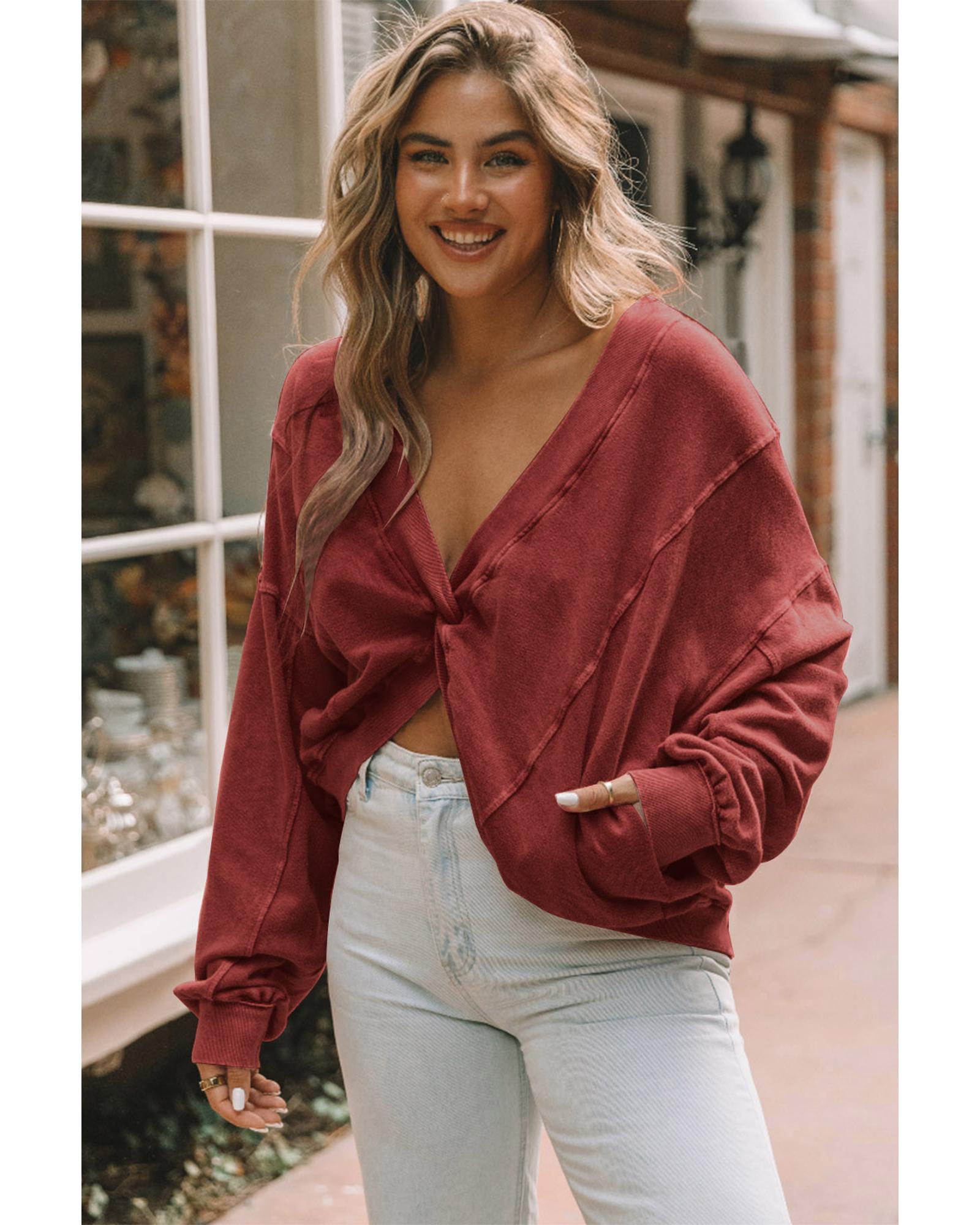 Red Exposed Seam Twist Open Back Oversized Sweatshirt - L 3